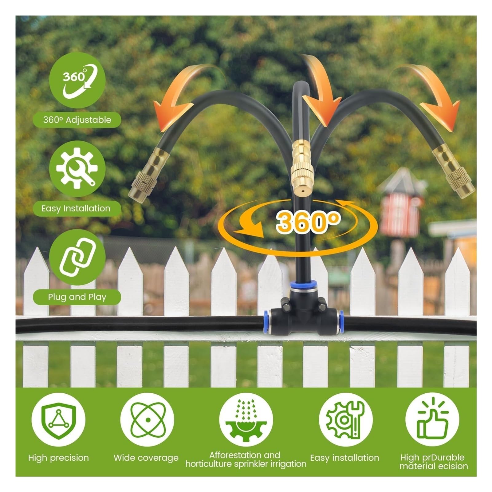 Automatyczny system nawadniania ogrodu 360°, automatyczne nawadnianie ogrodu z 24 regulowanymi dyszami, zestaw systemu nawadniania do ogrodu na świeżym powietrzu, podwórka, trawnika