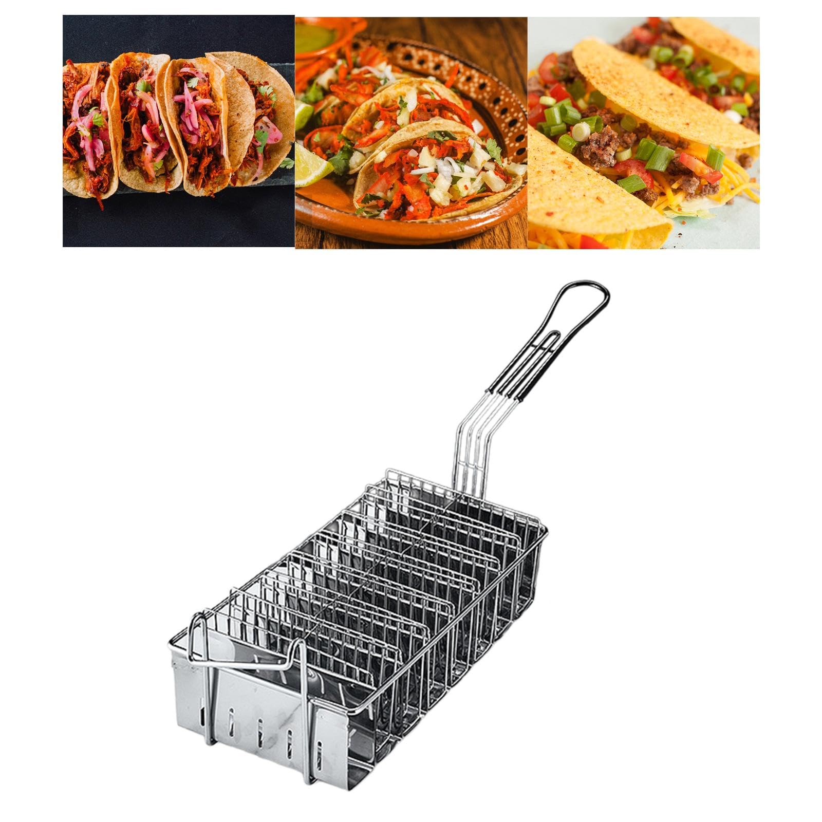 Gralara Cestino per taco, cestello porta taco per friggitrice, con impugnatura, tortillas, supporto per frittura, supporto per contenitore per cestello fritto, 8 griglie