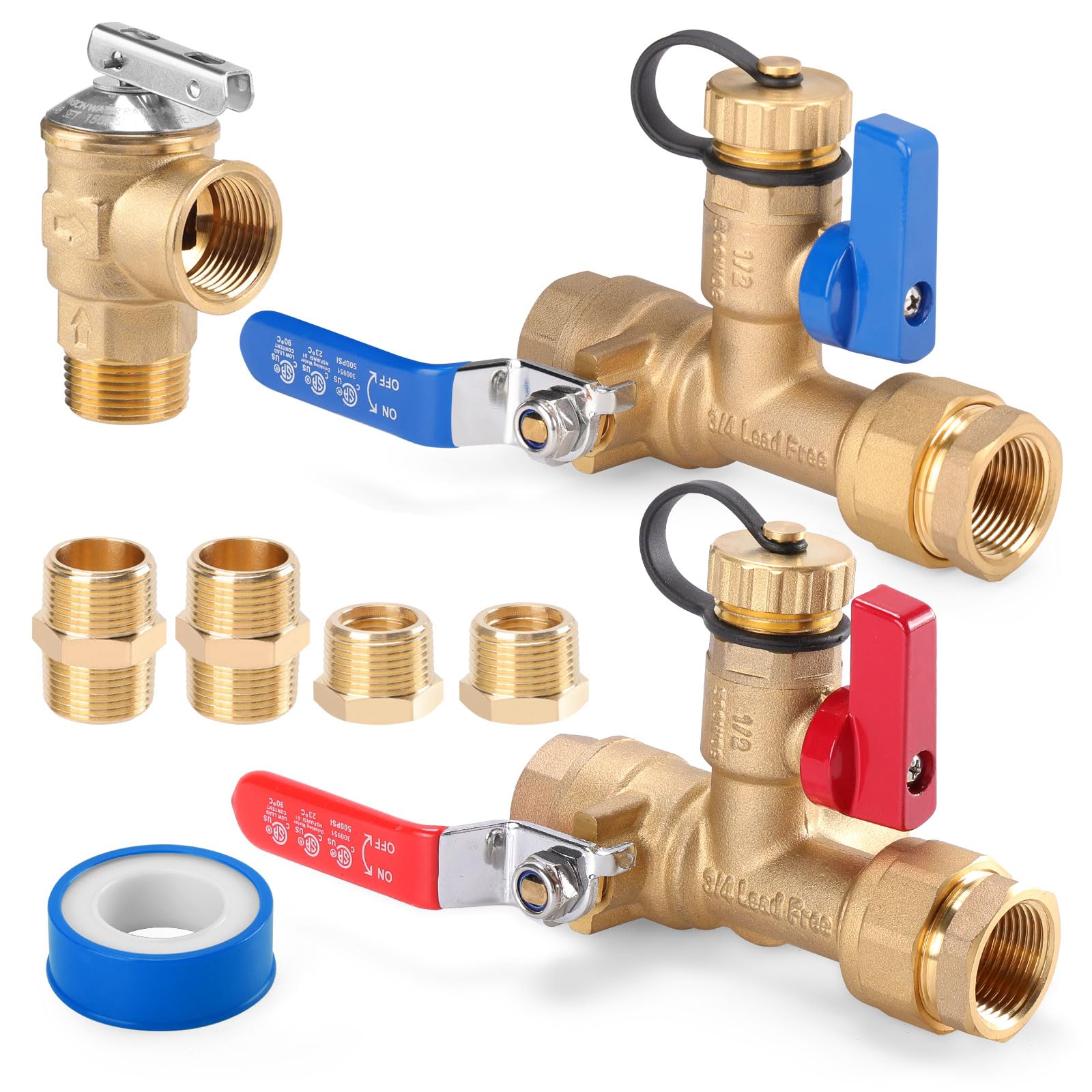 Kit de 8 válvulas de calentador de agua sin tanque con aislador IPS de 3/4 pulgadas con 2 conectores NPT de 3/4 a FNPT de 1/2 pulgada y 2 accesorios de tubería de latón. Kit de descarga de calentador de agua sin tanque con válvula de alivio de presión de latón limpio.