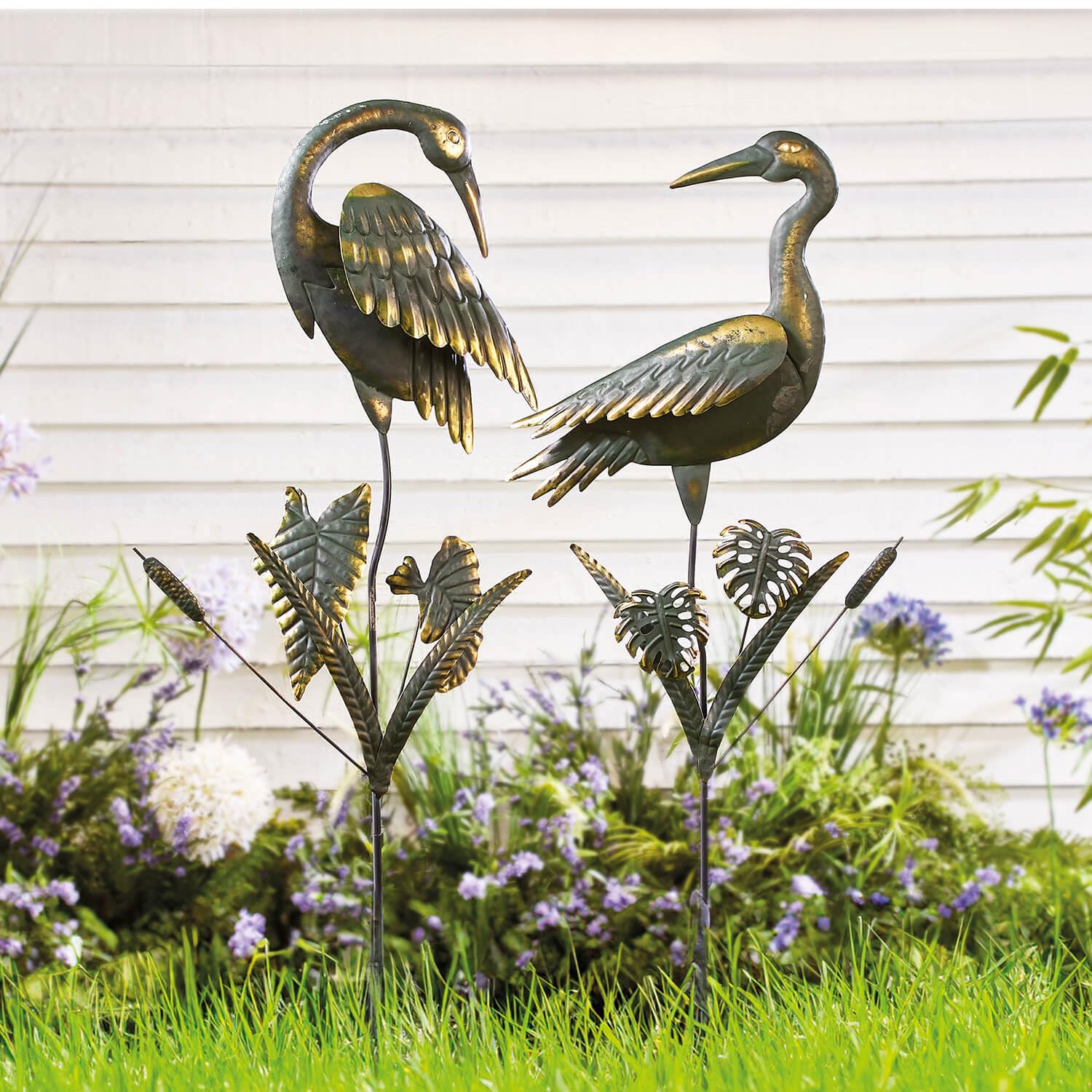 Coopers Of Stortford Verdigris Crane Garden Statues - Stake Into Lawn Flower Beds Pond Set Of 2