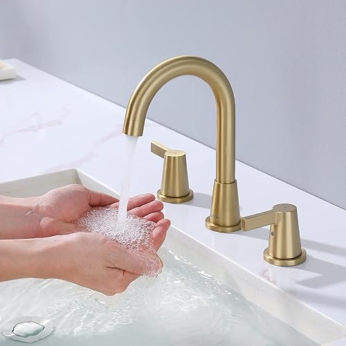 Miniatura 5 de NEWATER Grifo de baño de oro cepillado con 2 manijas de oro generalizado, grifo de lavabo de 3 agujeros con ensamblaje de drenaje emergente y líneas