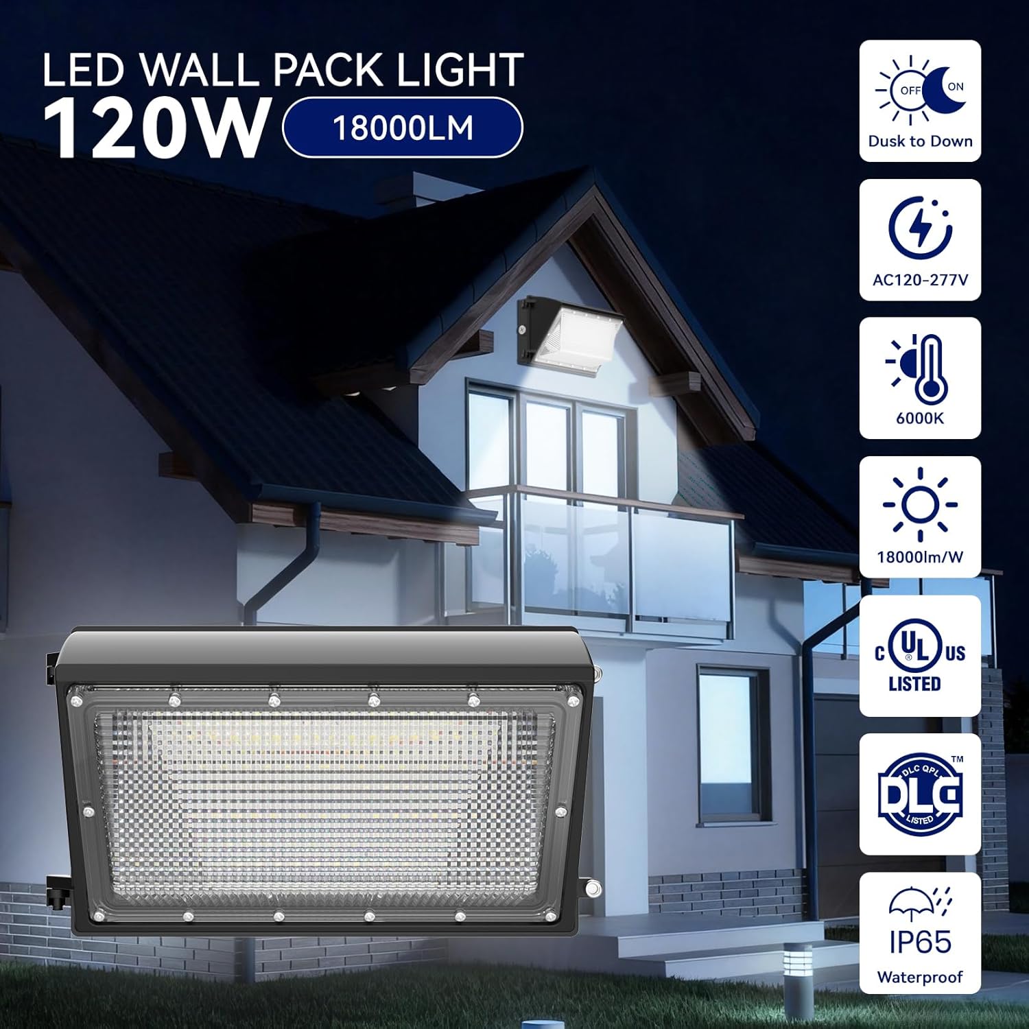 LED Wall Pack Light 120W, 18000LM 5000K Daylight, Outdoor Lighting with Dusk-to-Dawn Photocell, LED Wall Pack for Parking Lot, Warehouse, Yard, ETL Listed (120W - 1PACK)
