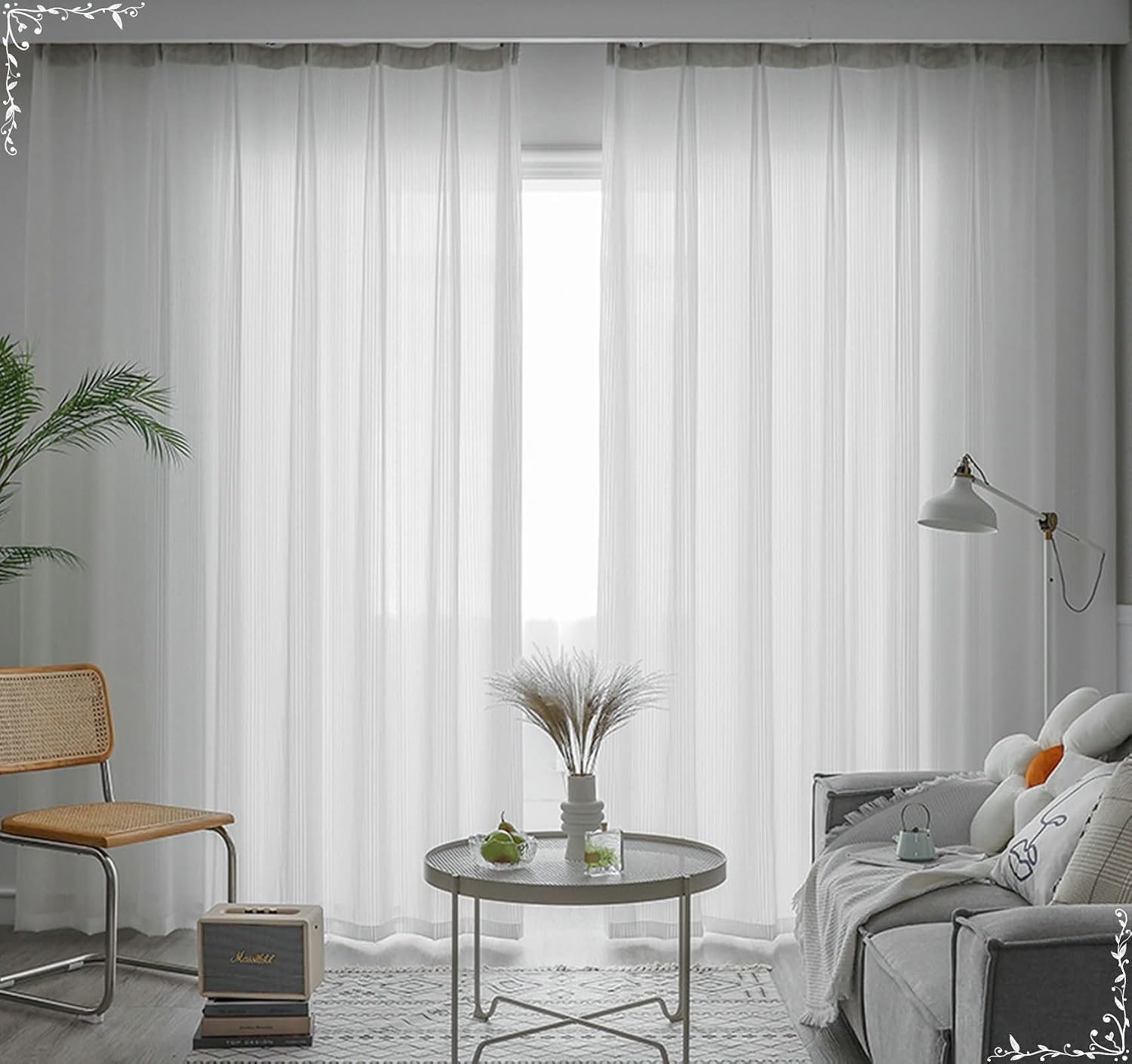 Daesar Sheer Curtains for Living Room 2 Panels Set 63 Inch Length, Hooks Tulle Curtains Solid Color Striped Window Voile Panels/Drapes/Treatment for Bedroom, 42x63 Inch White