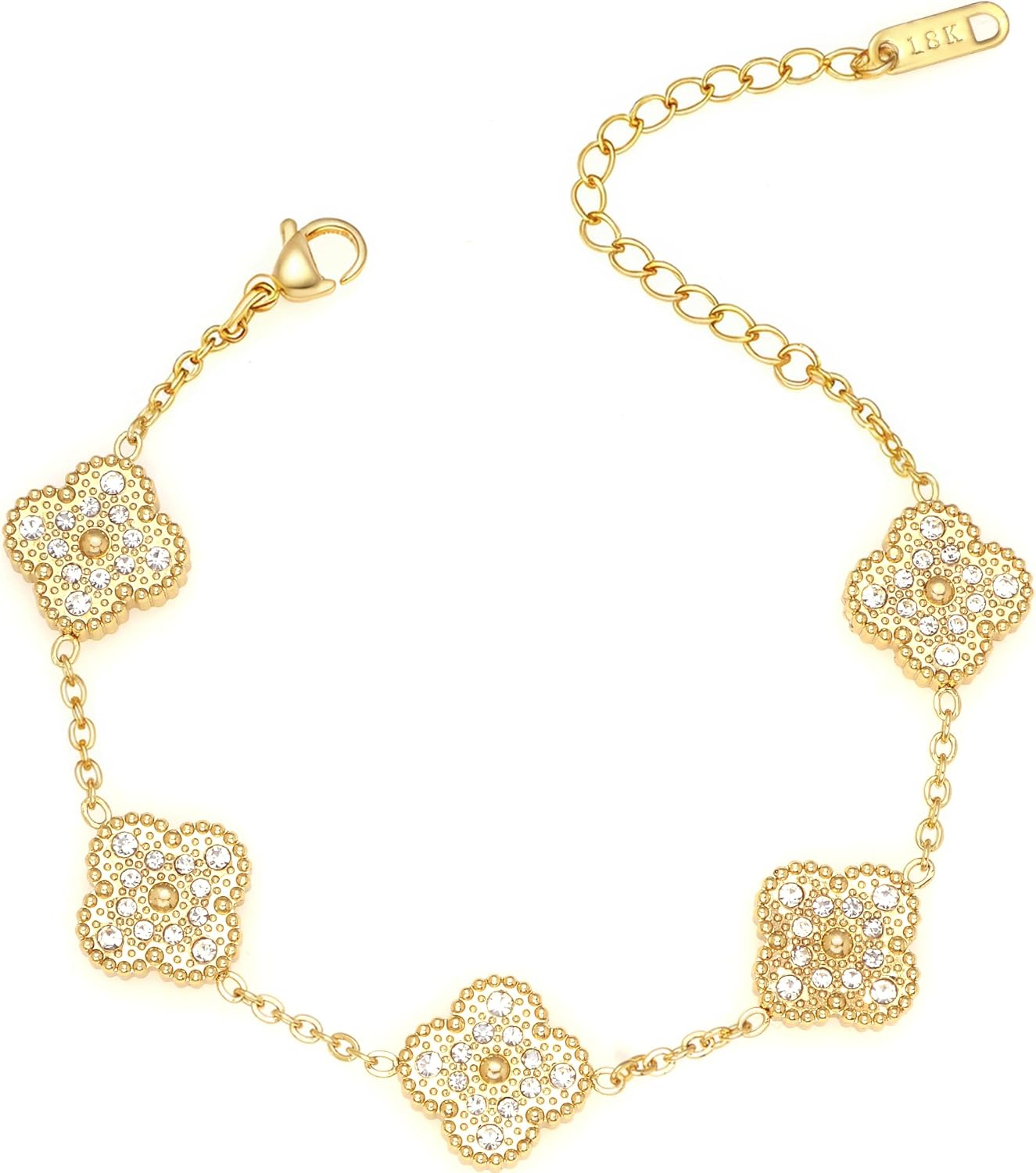 5 Pcs Paved CZ Four Leaf Clover Bracelet for Women, 18K Gold Plated Stainless Steel Dainty Lucky Flower Link Bracelet, Adjustable Extension Lobster Clasp Stackable Wrist Jewelry Gift for Birthday Anniversary Valentine’s Day Mother’s Day
