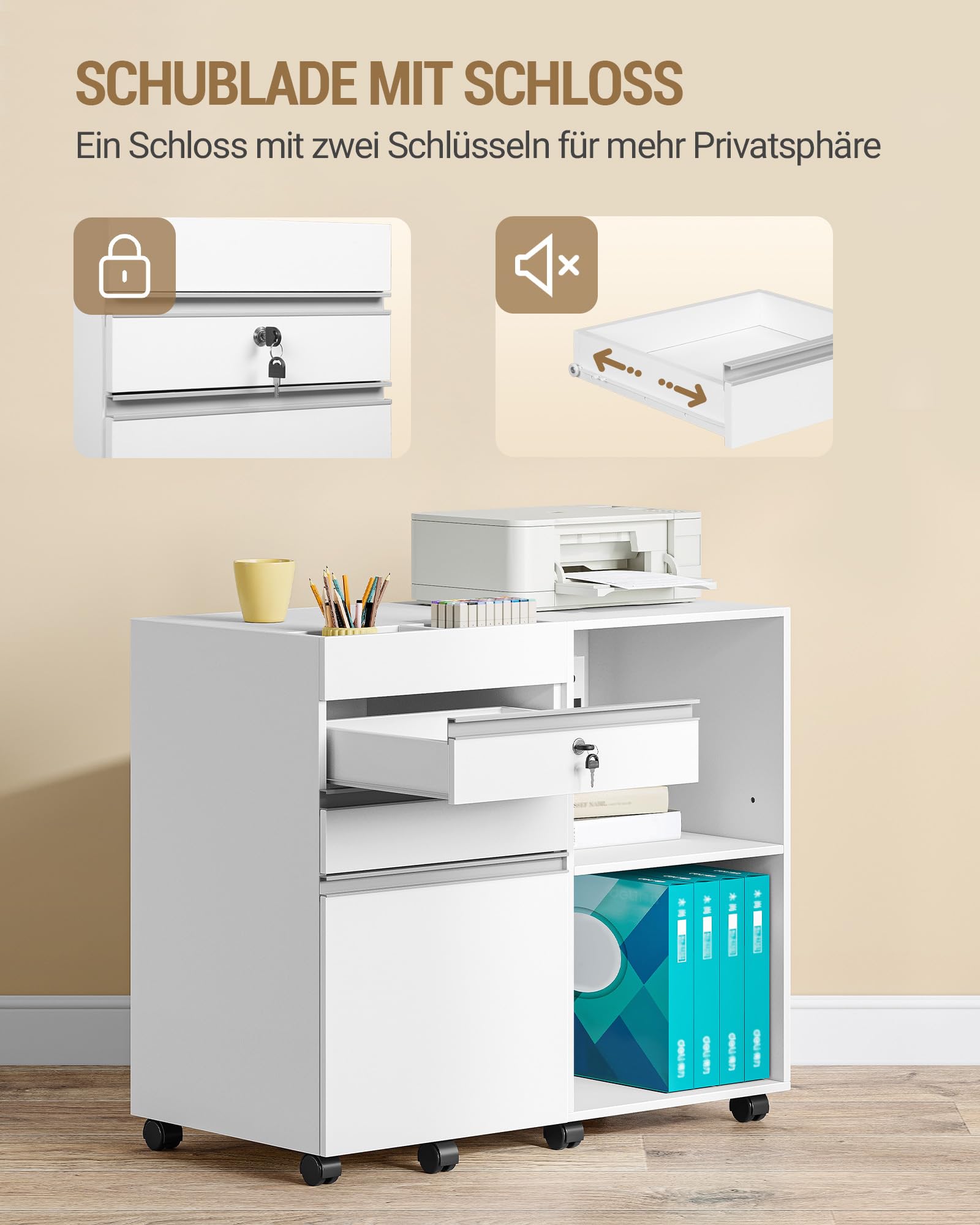 Hzuaneri Rollcontainer 3 Schubladen 2 Fächer Hängereg. weiß | Mobil,3 Schubl,2 offene Fächer, Hängereg. Für A4,Letter. Büro,Homeoffice. Weiß, stabil. Ref. FC42003X.