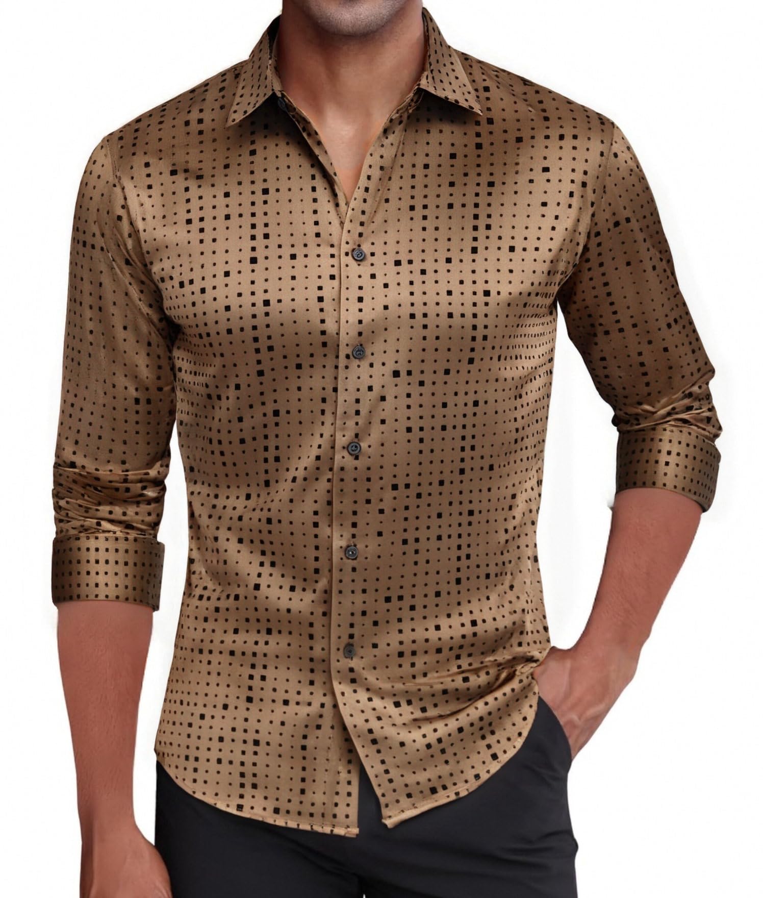 Damipow Satin Silk Mens Dress Shirts Long Sleeve Button Up Shirt Wedding Party Prom Shirt