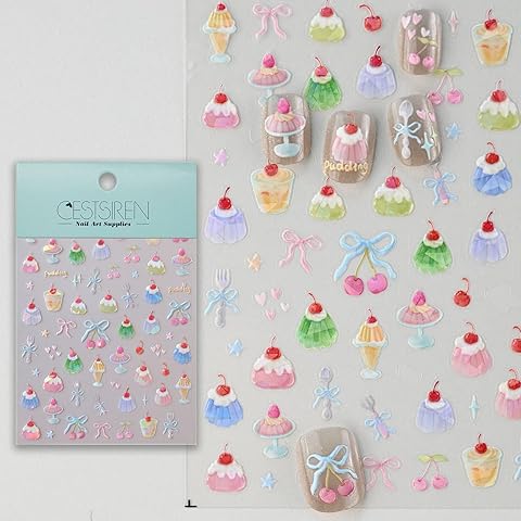 Pudding Sweet Nail Art Stickers, Aurora Holographic Coquette Bow Nail Decals, Self-...