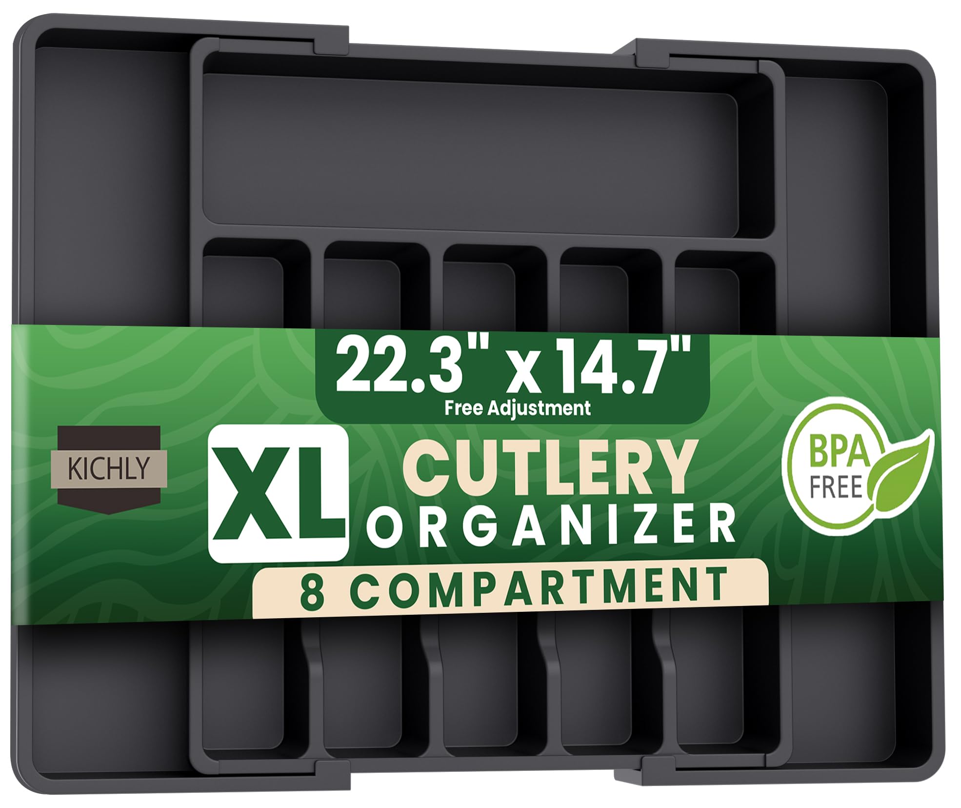 Kichly Black Cutlery And Kitchen Cutlery Drawer Organiser Expandable 8 Compartment For Kitchen, Multipurpose Large Cutlery Tray And Spoon Holder, Adjustable Silverware Plastic Organizer, (Black)