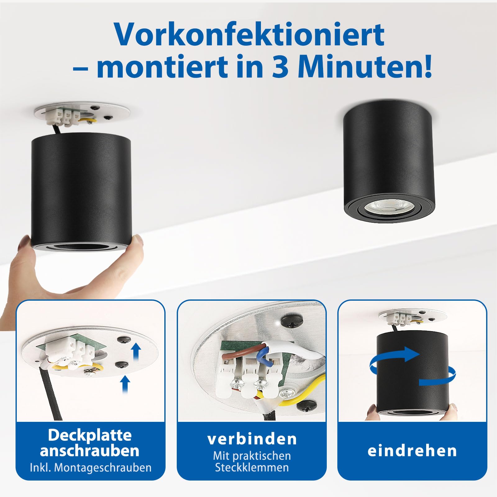 ZIZZLER 6 Stück Aufbauspot Schwarz für Flur Küche Badezimmer, Drei Farbtemperaturen 6.5W Deckenspot Led Spot Aufputz Schwenkbar, Alu Aufbaustrahler, Deckenstrahler, Ceiling Downlights