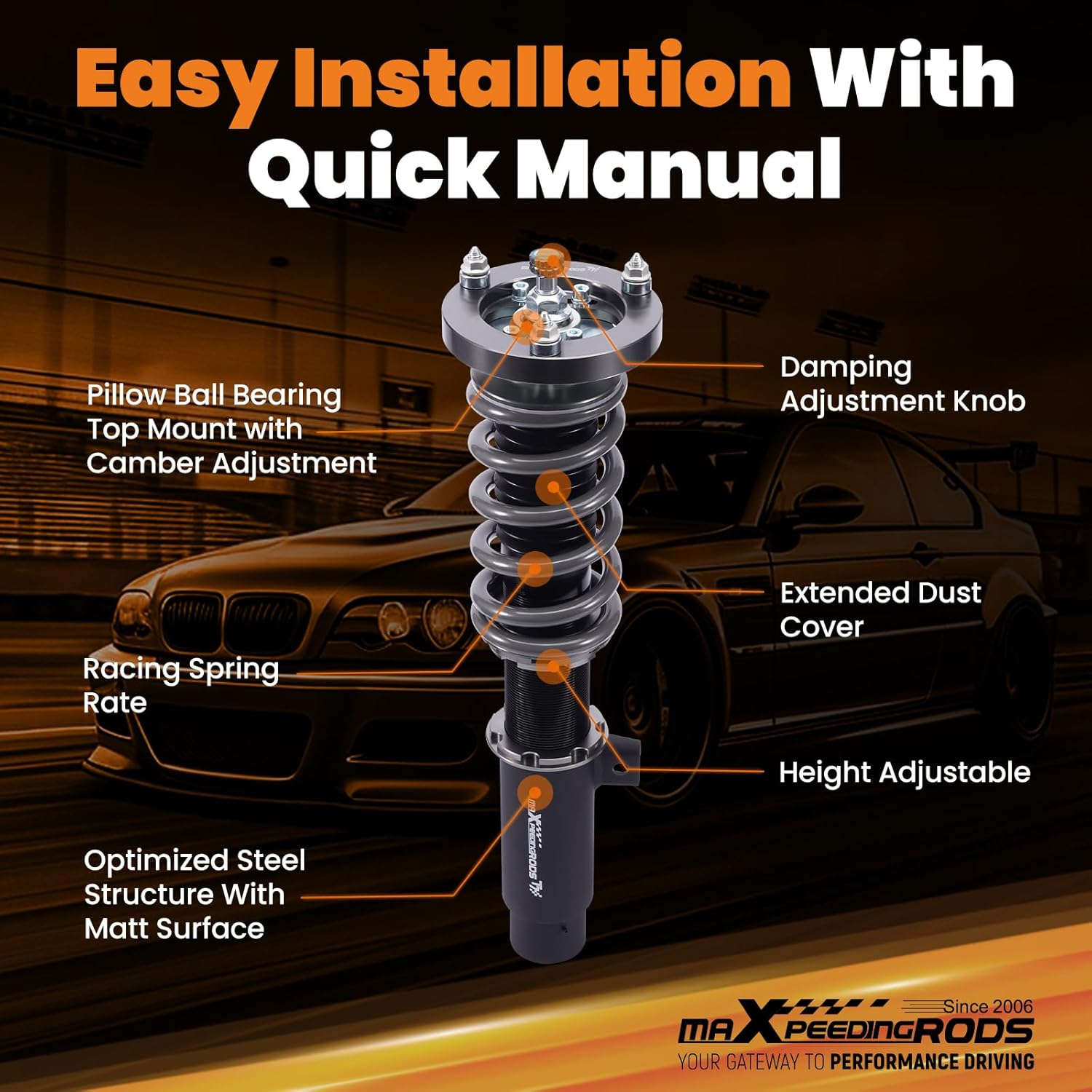maXpeedingrods Coilover for BMW 3 E90 2004-2011, for E91 2004-2012, for E92 2005-2013, for E93 2006-2013, 24 Levels Damper Adjustable Coilovers Suspension Kit, Height Adjustable T7 Lowering Kit