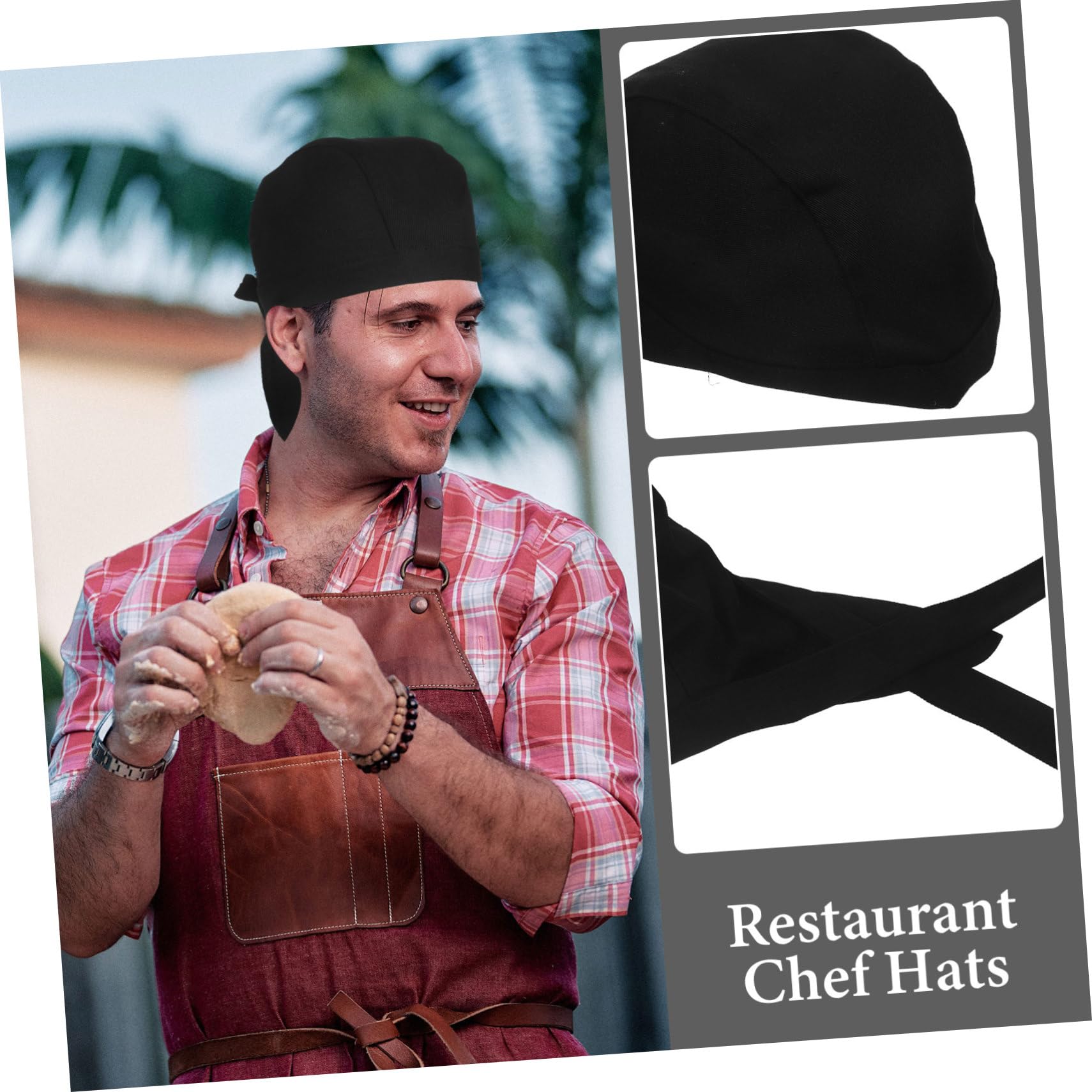 Gorro de Chef Lazos Negro de Tela de Algodón, 6 Piezas | Barbacoa y Restaurante, Estilo Simple y Clásico, Diseño Creativo, Uso para Chef de Cocina