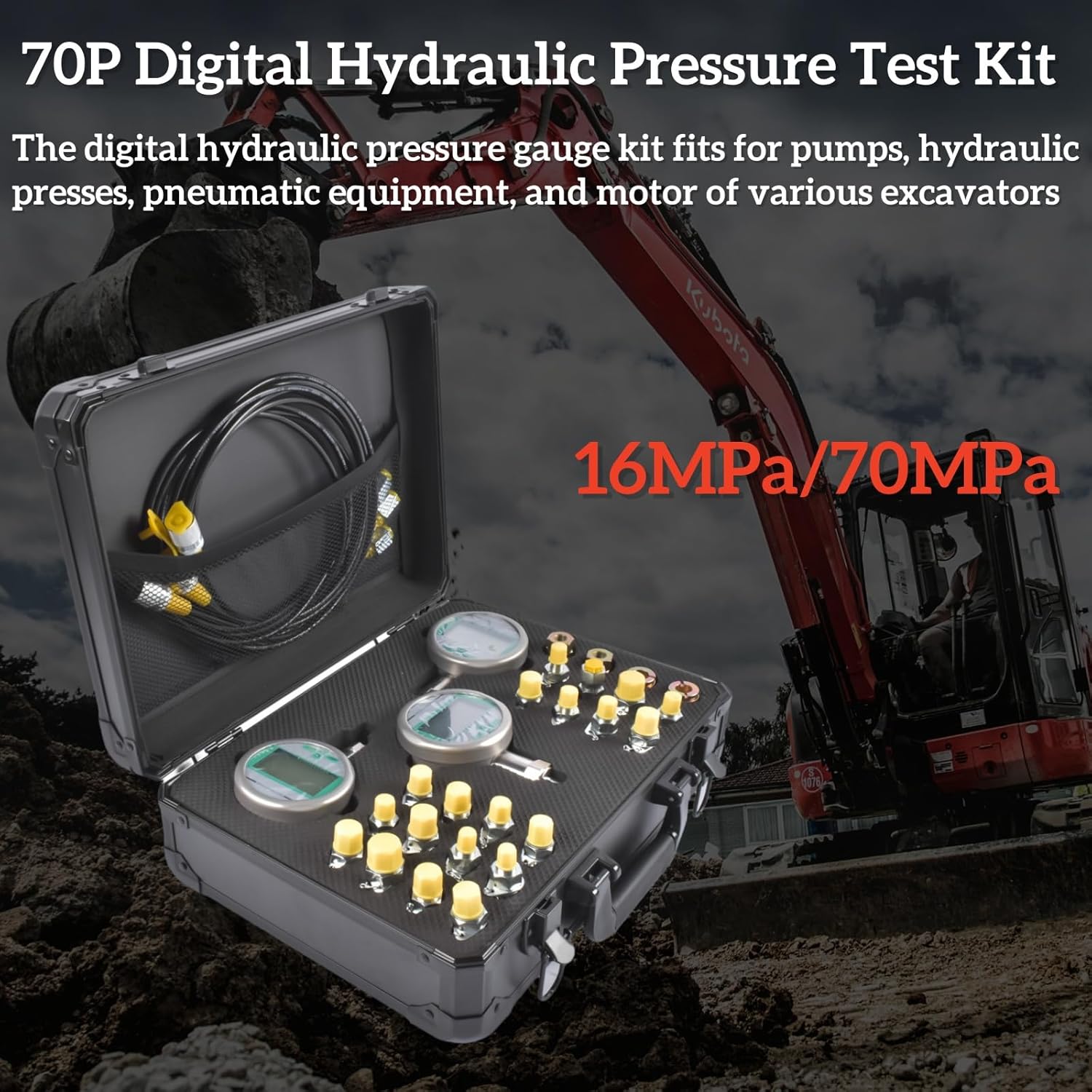 70P Digital Hydraulic Pressure Test Kit w/ 3 Gauges (1 * 16MPa, 2 * 70MPa) & 22 Couplings Replacement for Caterpillar, John Deere Excavator Repair Mixizap