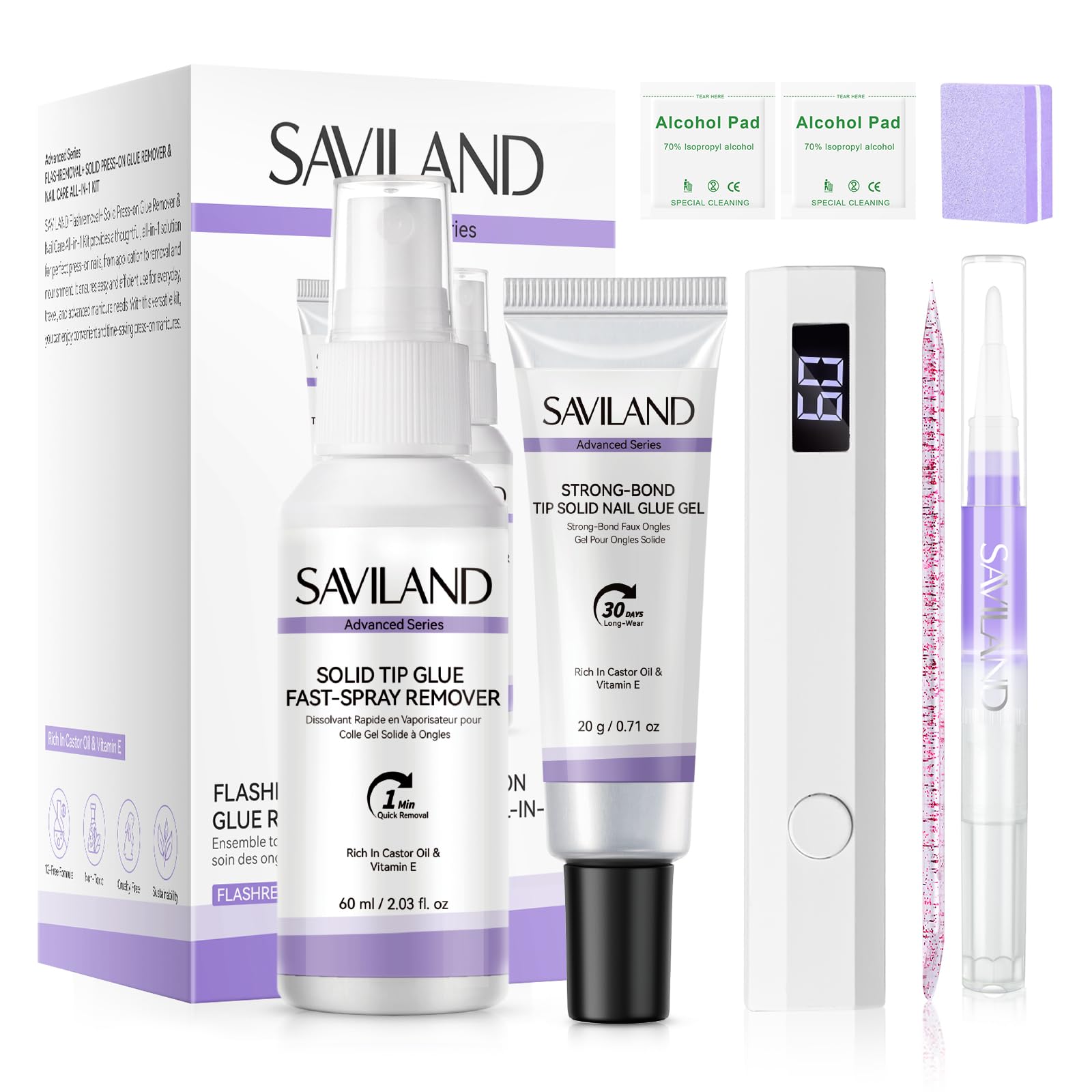 SAVILAND 2 in 1 Colla e Solvente in Gel Solido Kit, Colla per Unghie Finte Forte 30 Giorni, Mini Lampada UV, Press On Nail Glue Remover, Olio per Cuticole, Manicure Fai da Te da Salone