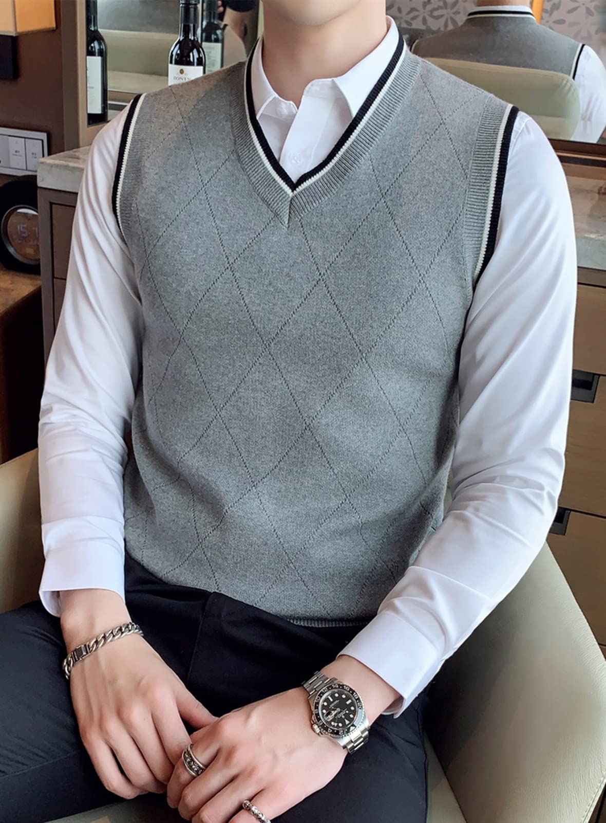 Pull sans Manches Homme Col V Gilet en Tricoté Casual Business Débardeurs Doublure Chaude