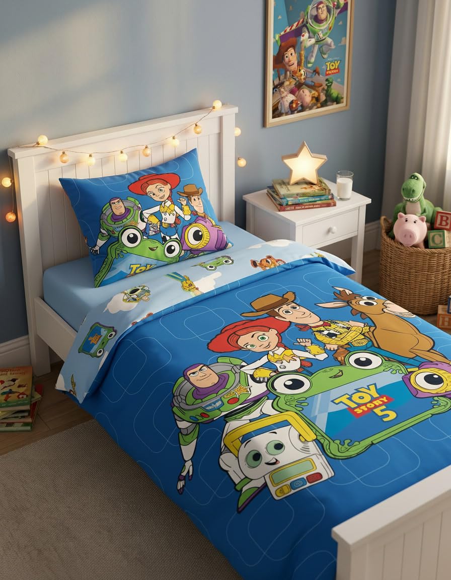 Toy Story 5 Pościel 140x200 + Poszewka 65x65 Woody Buzz Jessie Chudy Byk | Odwracalna pościel jednoosobowa | Polibawełna szybkoschnąca | Disney Pixar oficjalna | 3-10 lat | Prezent