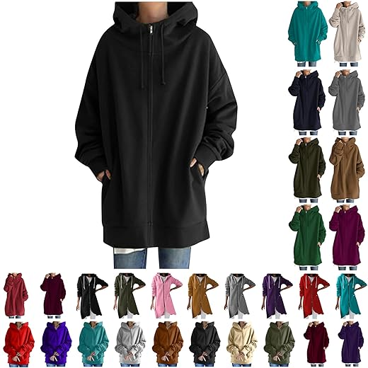 LFEOOST Womens Hoodies Full Zip Tunic Sweatshirts Fashion 2022 Winter Long Sleeve Solid Color Loose Hoodie Jacket with Pocket