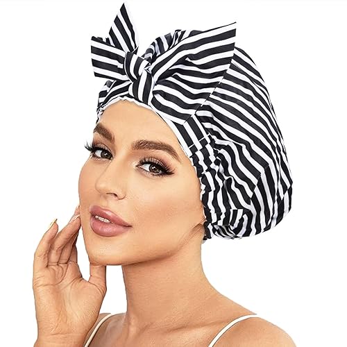 Gorro de ducha de lujo para mujer, reutilizable, impermeable, para ducha, con moño ajustable, gorro de baño (rayas negras) disponible en Yaxa Peru