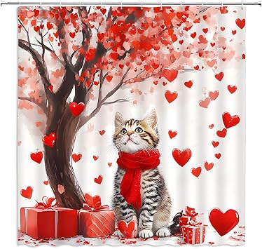 Happy Valentines Day Shower Curtain Red Love Heart Tree Cute Cat Romantic Valentines Sweet Couples Spring Holiday Bathroom Decor Curtains Polyester with Hooks