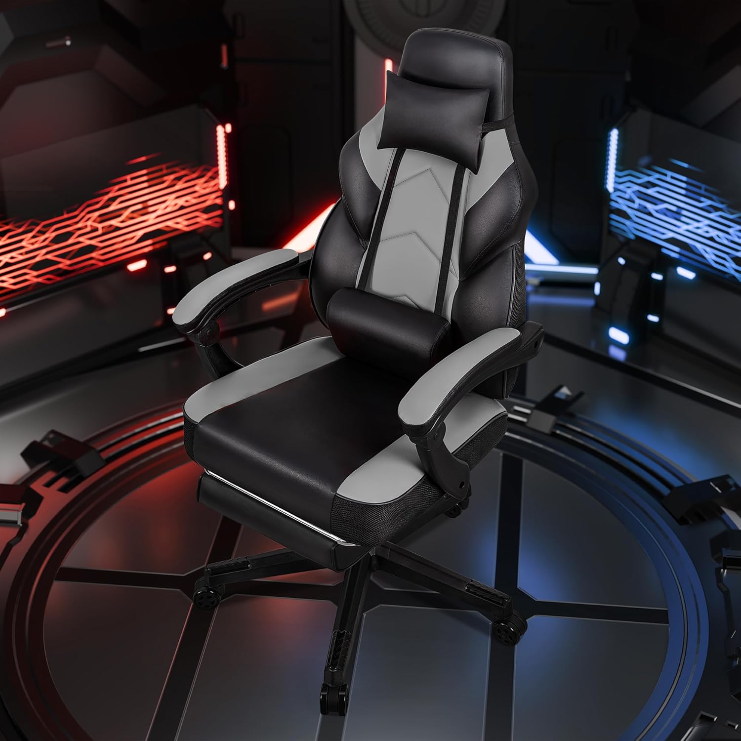 SUNLEI Gaming Chair for Adults, Ergonomic PU Leather Office Chair with Headrest & Footrest, Video Game Chairs with Massage Lumbar Support, Height Adjustable Computer Chair with 360° Swivel, Grey