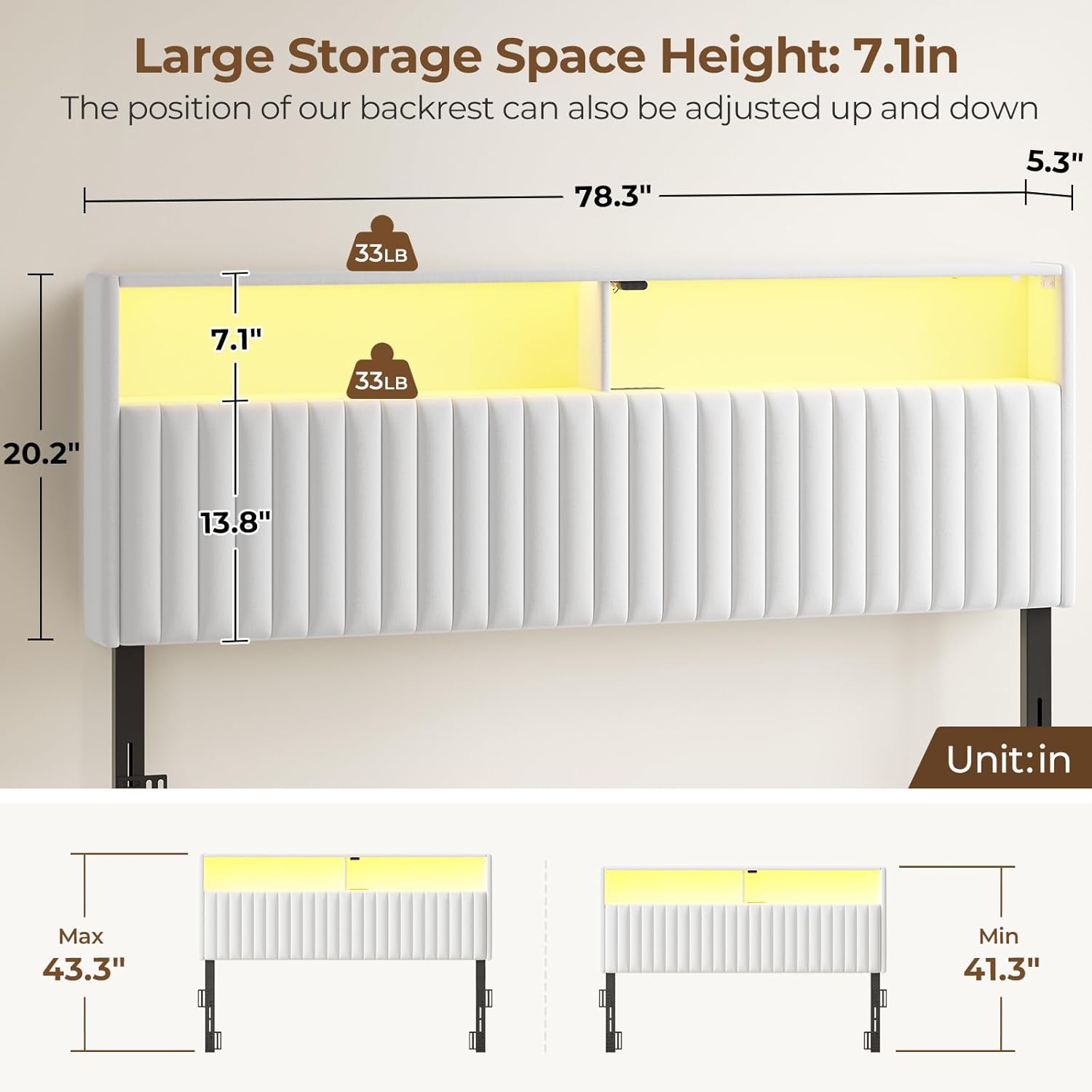 Rolanstar Headboard for King Size Bed with Storage, Head Board with USB & Type C Port, 60,000 DIY Color of LED Light, Velvet Upholstered, Height Adjustable, Sturdy, Easy Assembly, White