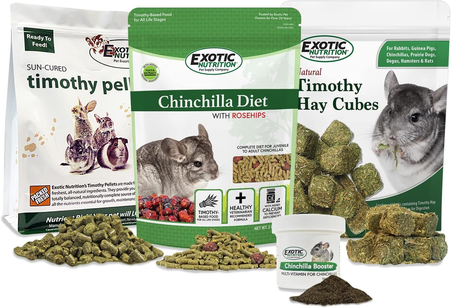 Chinchilla Food Starter Package - Healthy Natural Foods - Includes Nutritionally Complete Diet, Timothy Hay Cubes, Timothy Hay Pellets, Multivitamin Supplement - for Pet Chinchillas