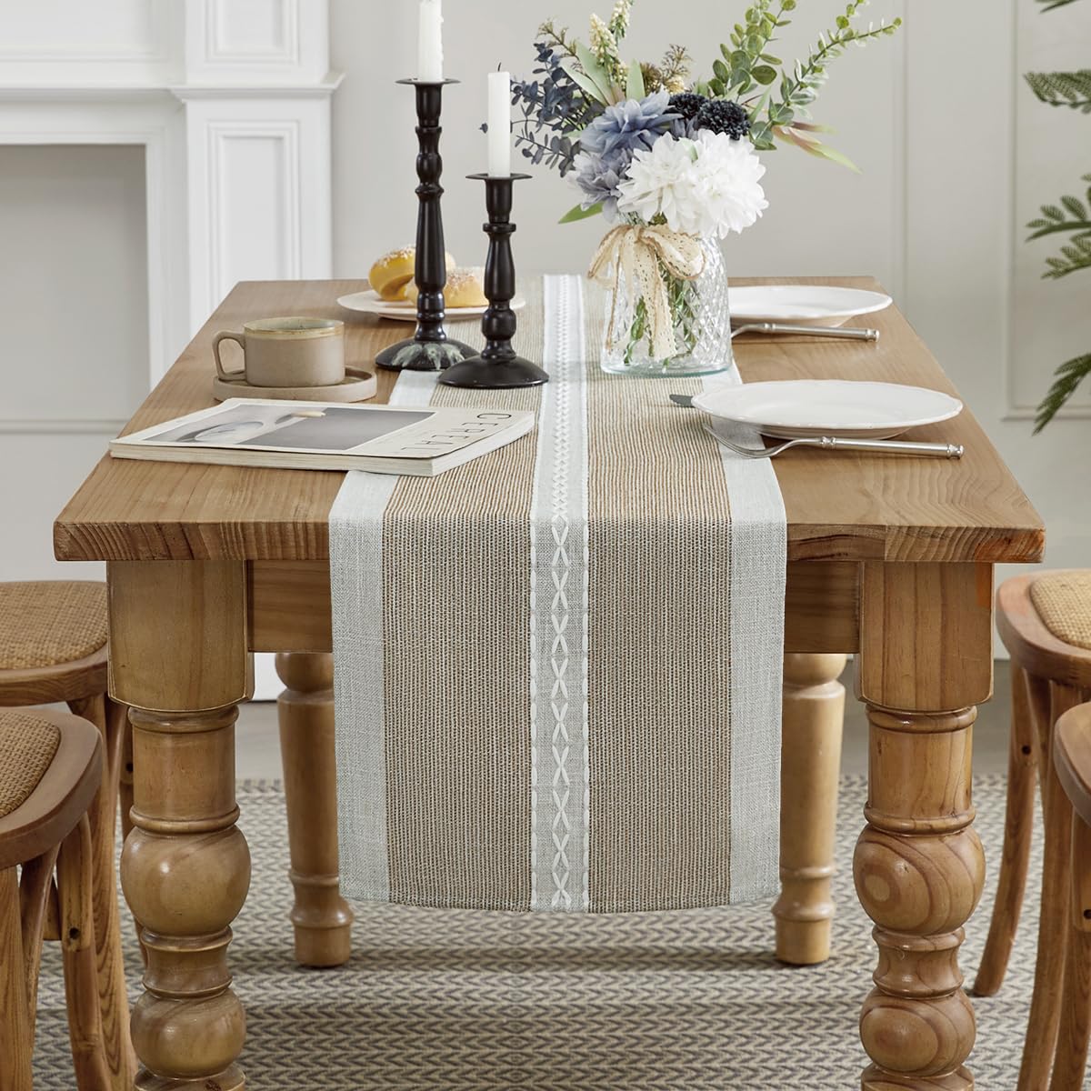 Wracra Runner da tavola in Lino e Cotone con Ricamo, Runner da Tavolo caffè da Esterno per Interni in Stile casalingo 275cm per Decorazioni di Cucina per Sala da Pranzo di Partito