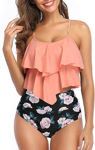 Miniatura 7 de Trajes de baño tipo tankini para mujer, parte superior con volantes y control de abdomen, diseño floral modesto, bikini de talle alto Rosa encendido