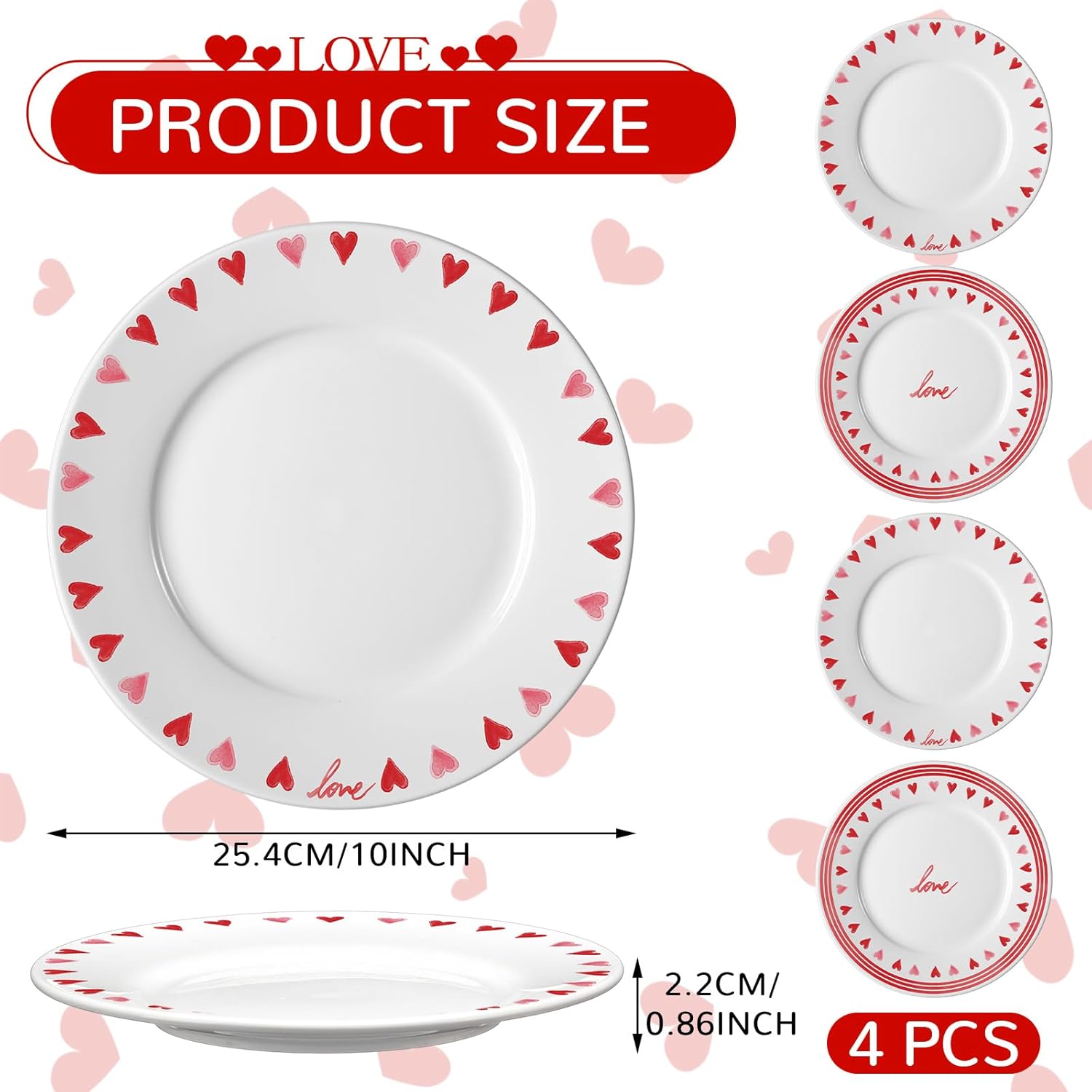 Jinei 4 Pcs Valentine's Day Ceramic Plates Set 10 Inch Heart Round Dining Serving Plates Red White Dessert Salad Dish Dinnerware for Valentine's Day, Wedding, Anniversary Decoration