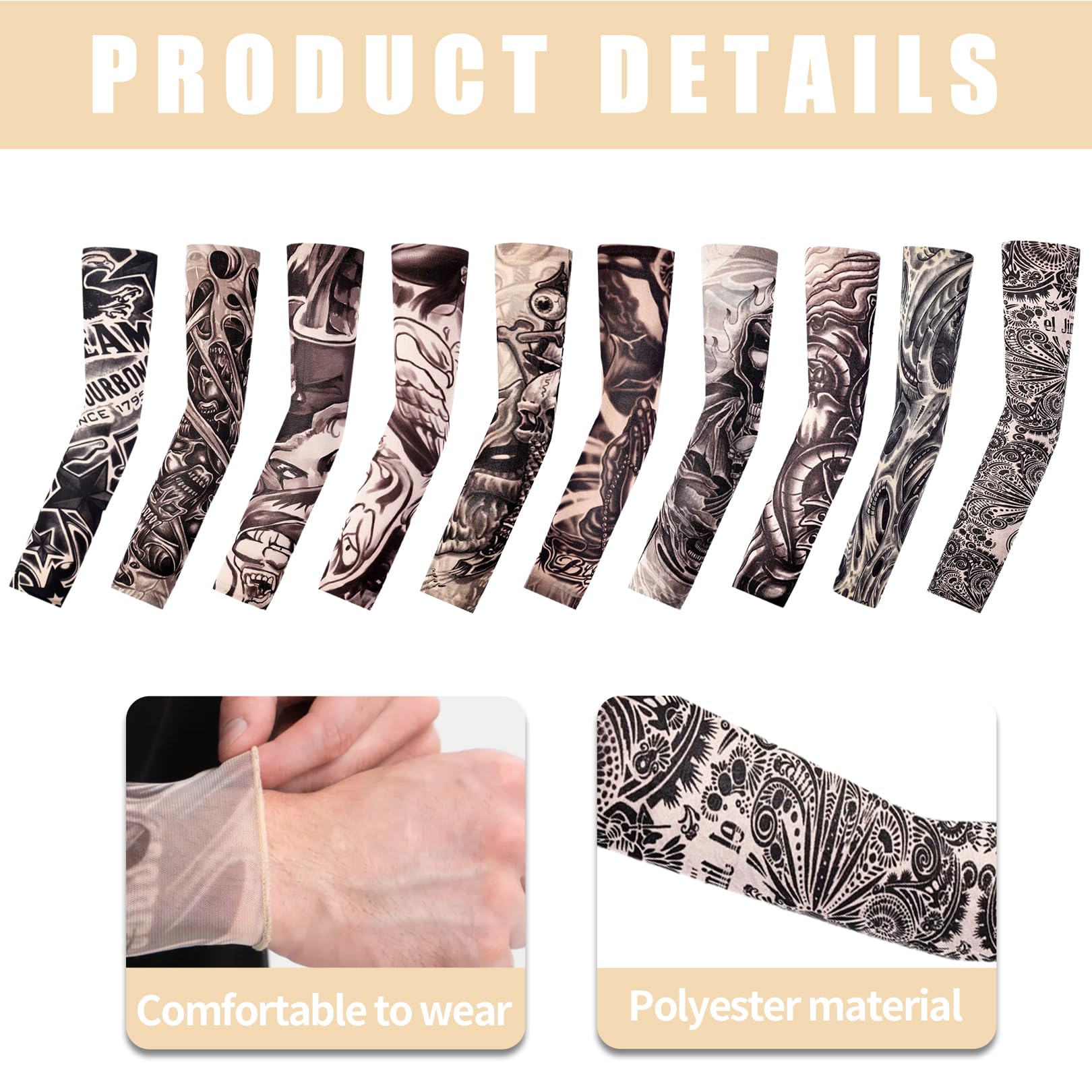 10 Pcs Fake Tattoos Sleeves for Men,Art Arm Fake Tattoo Sleeves Cover For Men/Women - Image 3