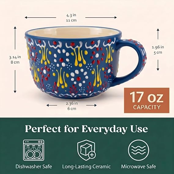 BCS 17 oz Ceramic Coffee Mug, Hand-Painted Floral Tea Cup with Handle