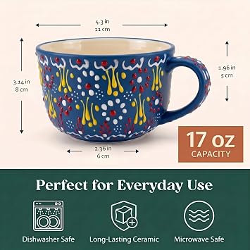 BCS 17 oz Ceramic Coffee Mug, Hand-Painted Floral Tea Cup with Handle