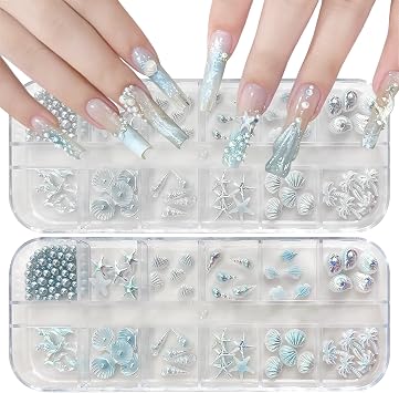 Ocean Themed Nail Charms, 2 Boxes Shell Starfish Conch Sea Nail Charms 3D Nail Rhinestones Pearls Summer Nail Art Decorations Accessories White+Blue