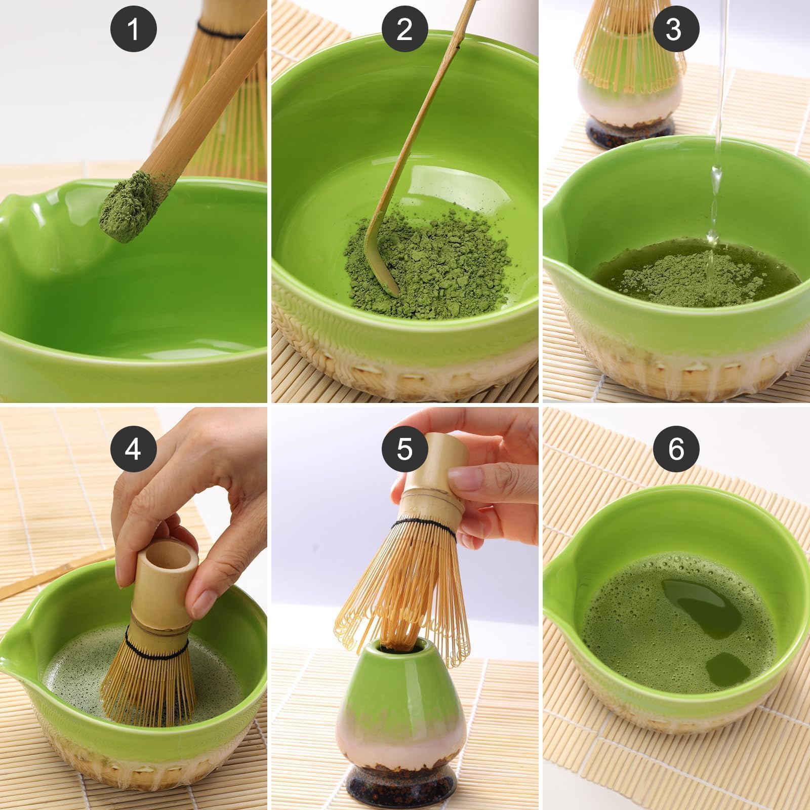 Premium Matcha Set di 4 pezzi Chase in bambù, cucchiaino, supporto in ceramica, ciotola per beccuccio, accessorio perfetto per cerimonia del tè giapponese, regalo per gli amanti del matcha