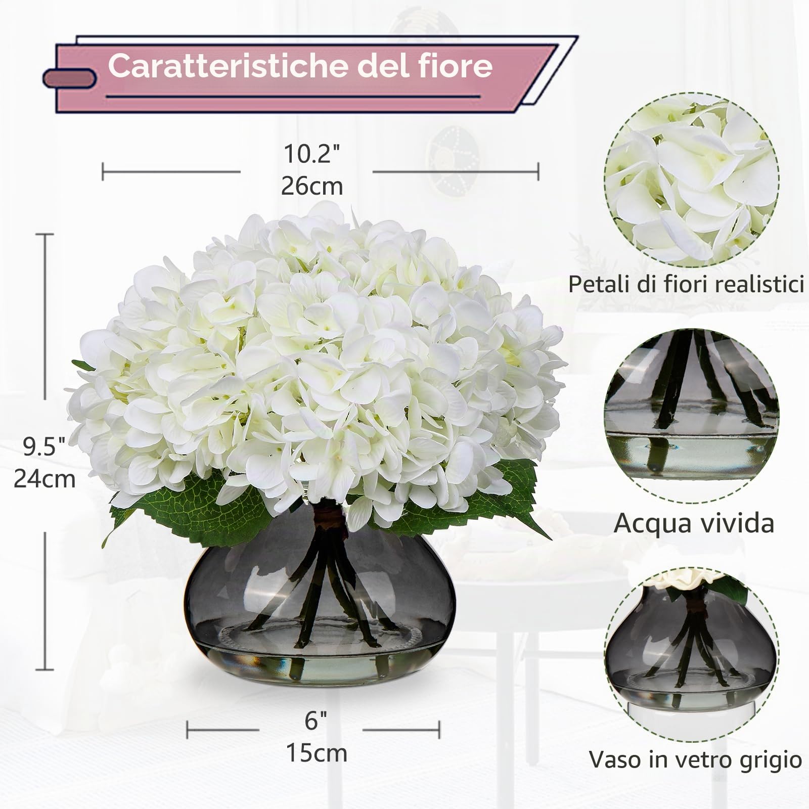 Oairse Fiori artificiali ortensia, 4 teste, realistici al tatto, vaso di vetro con finta seta bianca, decorazione per casa, bagno, matrimoni