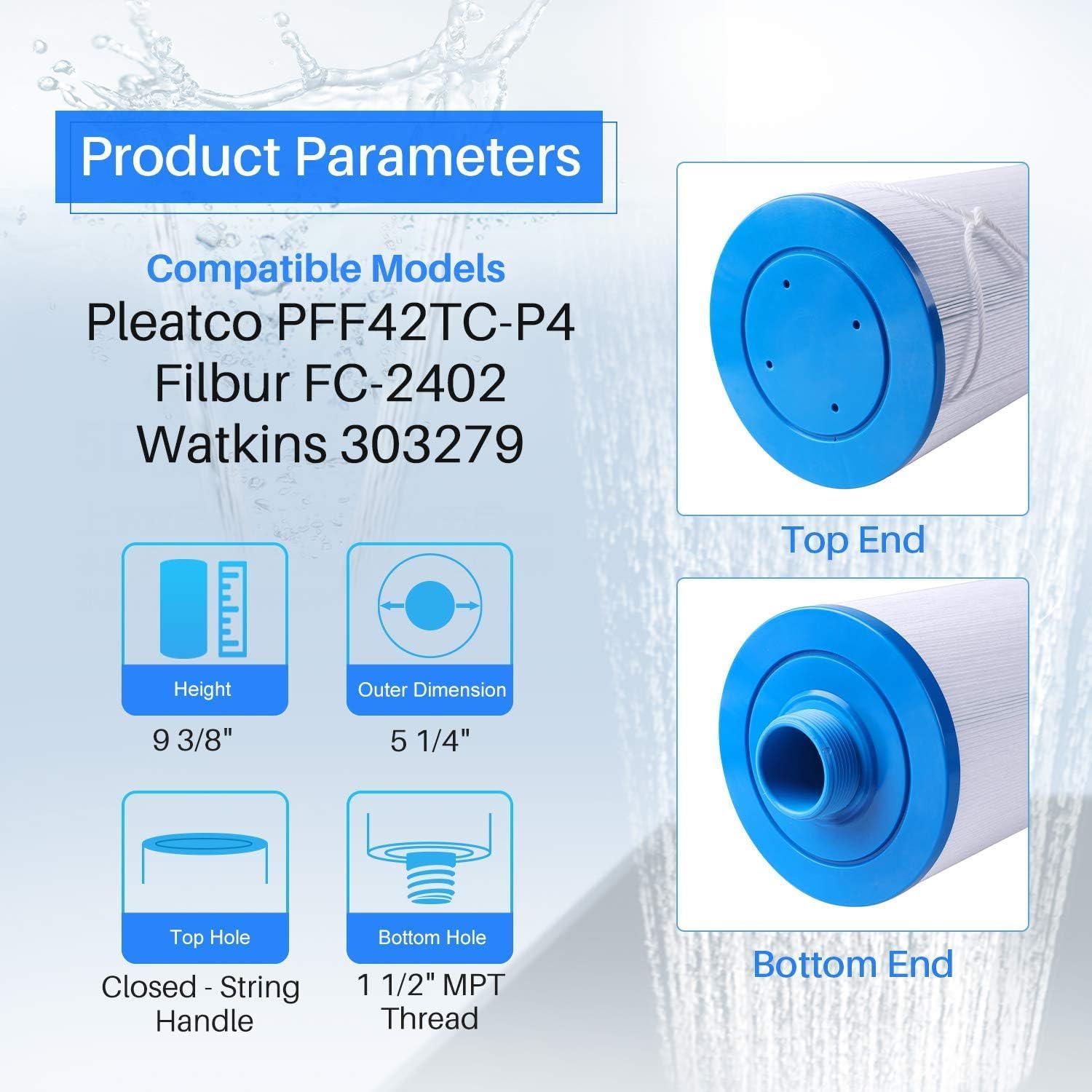 POOLPURE Spa Filter Replaces Watkins 303279, PFF42TC-P4, 5CH-37, 78460, FC-2402, Lifesmart, Freeflow, AquaTerra, Hydromaster, Grandmaster, Simplicity, Bermuda Hot Tub Filters 1PACK