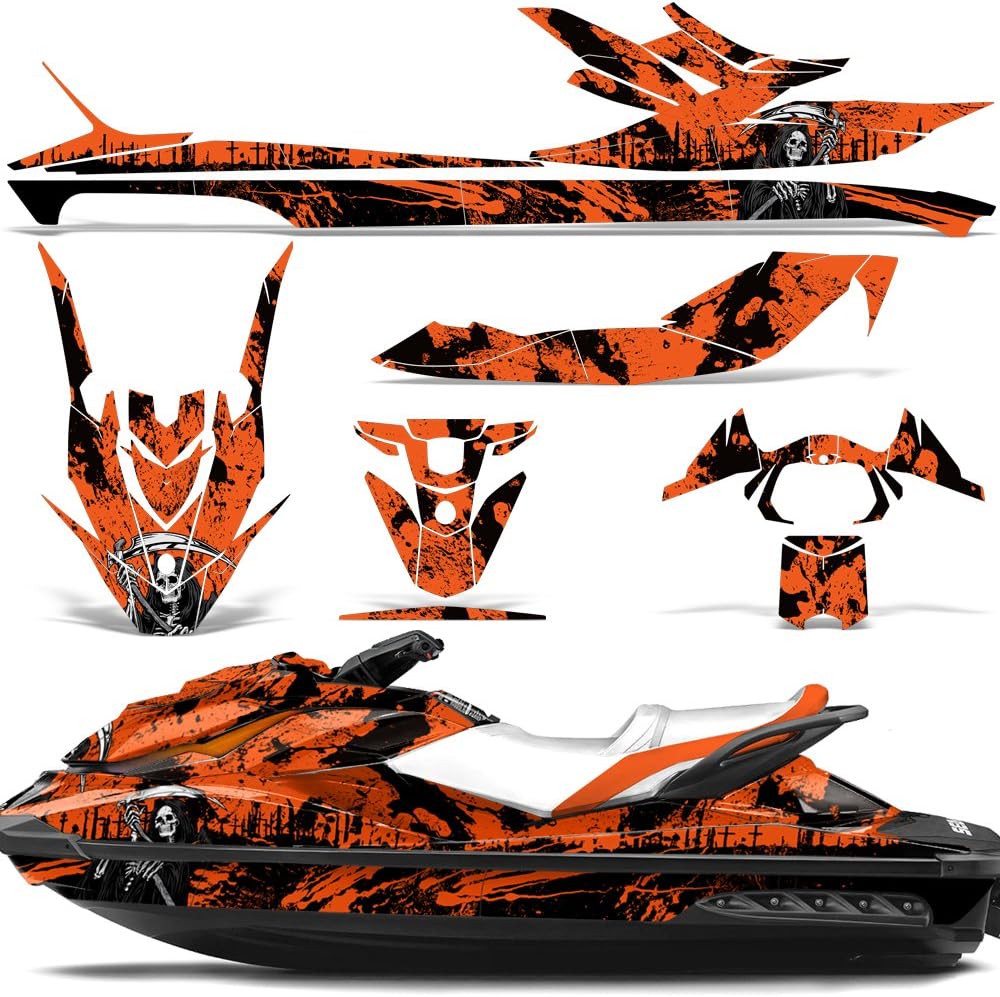 Wholesale Decals Jet Ski Graphics kit Sticker Decal Compatible with Sea-Doo GTI SE130 2011-2019 - Reaper V2 Orange