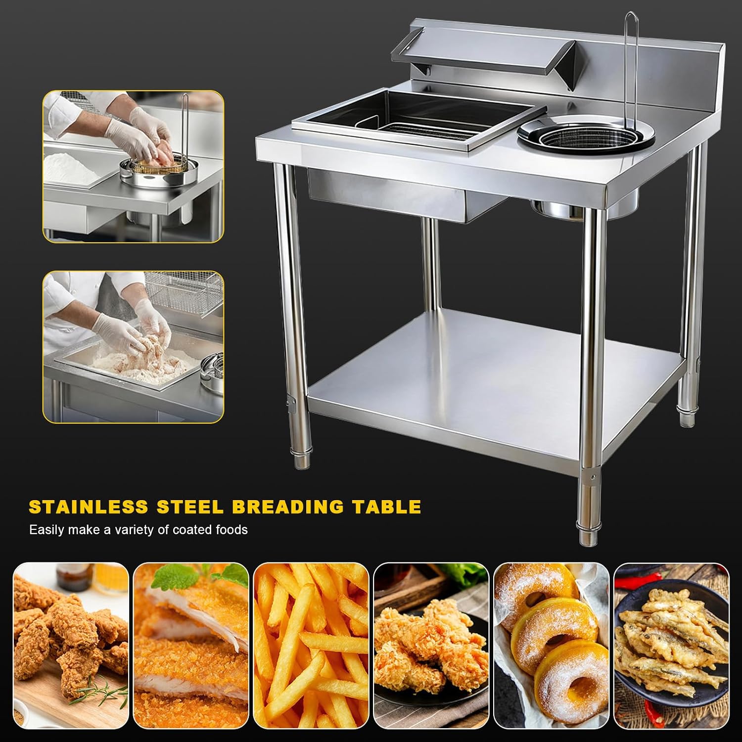 Fried Chicken Breading Table Stainless Steel Breading Station with Baskets Commercial Fried Food Prep Table with Storage Shelf Breading Worktable for Kitchen Restaurant Business