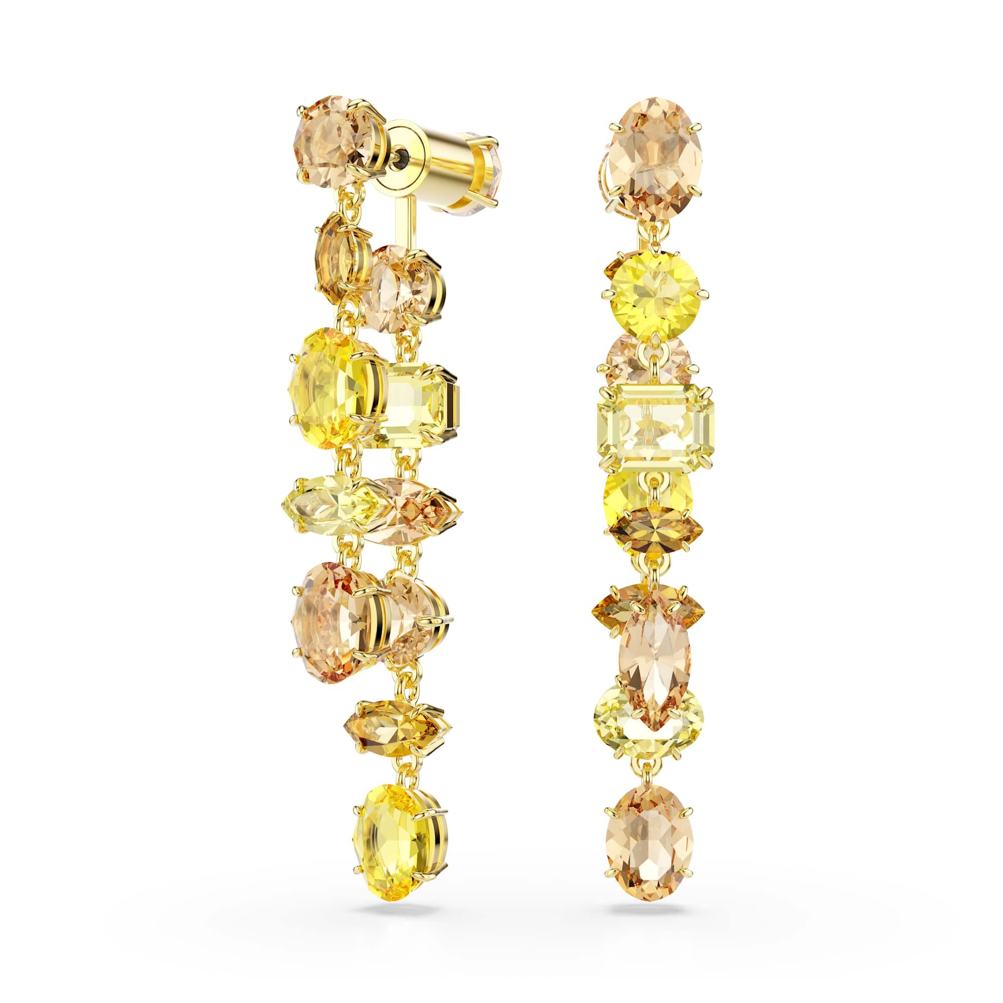 Swarovski Gema drop earrings Asymmetrical design Mixed cuts Long Yellow Gold-tone Finish