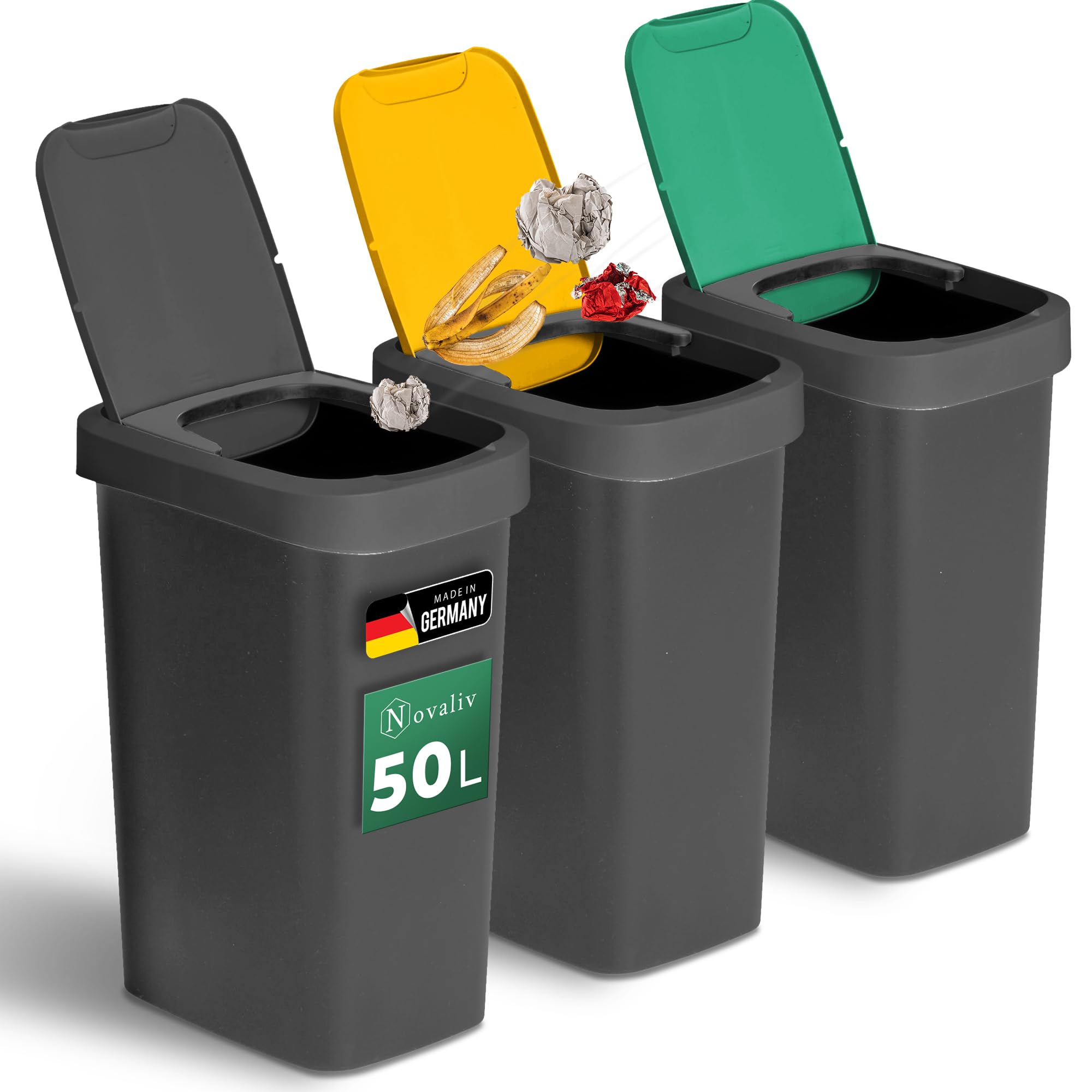 Novaliv Mülltrennsystem 50L 3er Set Mülleimer mit Schwingdeckel, Mülltrennung Küche Abfalltrennung, Schwarz Gelb Grün, Recycling Wertstoff Mülltrennsystem Abfallbehälter Küche Haushalt Büro Müll Eimer