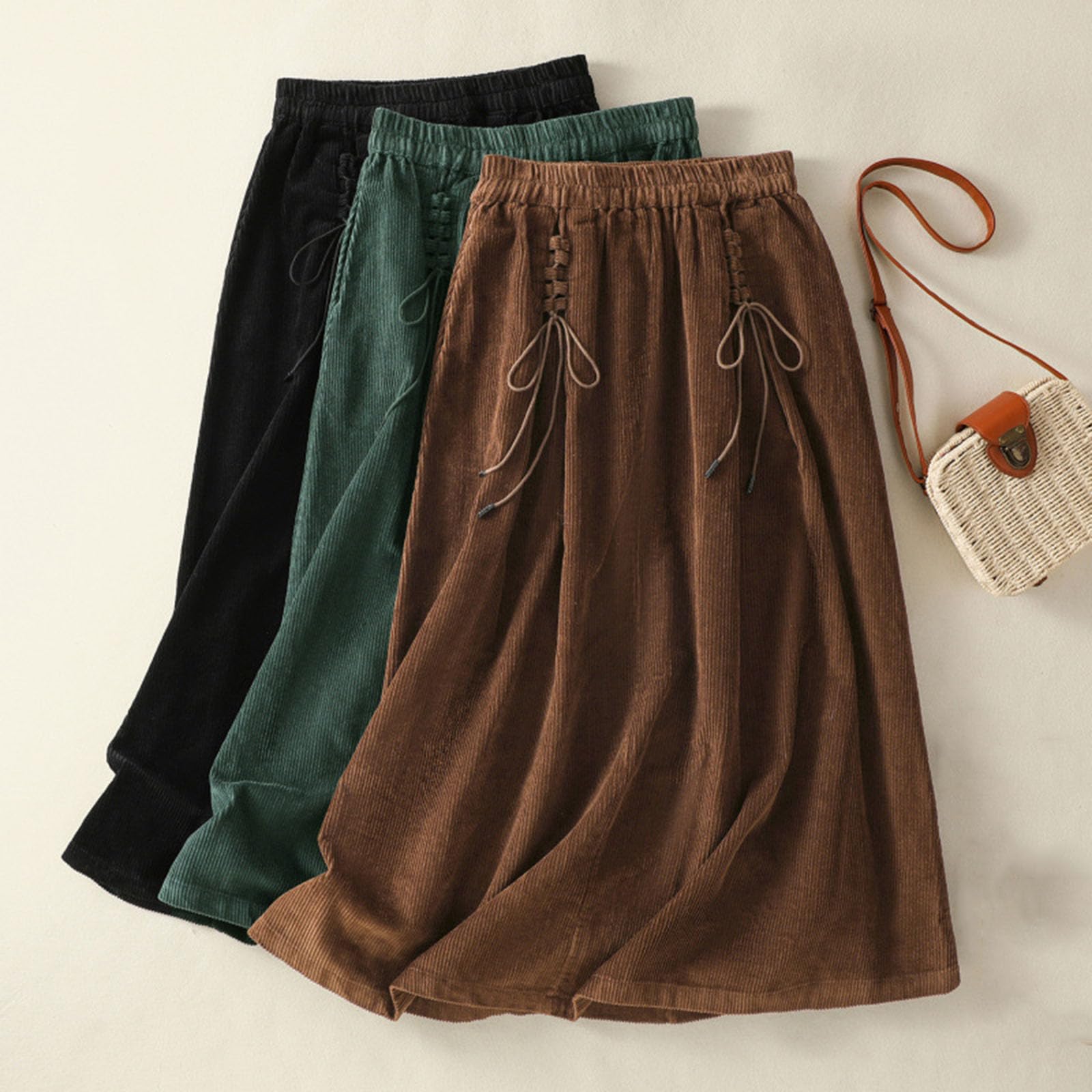 Jupe Maxi Corduroy de Femmes avec nœud de Cravate latérale, Jupe Longue à Taille élevée élastique A-Line pour l'automne et l'hiver
