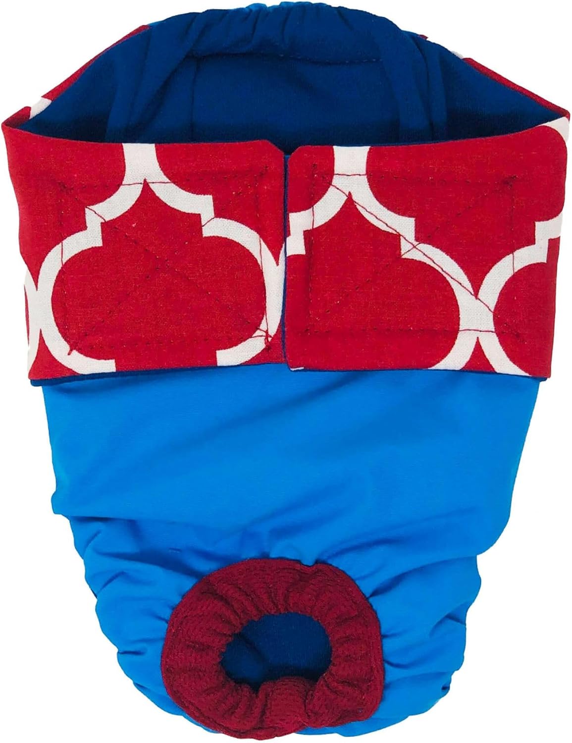 Red Quatrefoil on Aqua Blue Waterproof Premium Dog Diaper, S, with Tail Hole - Made in USA