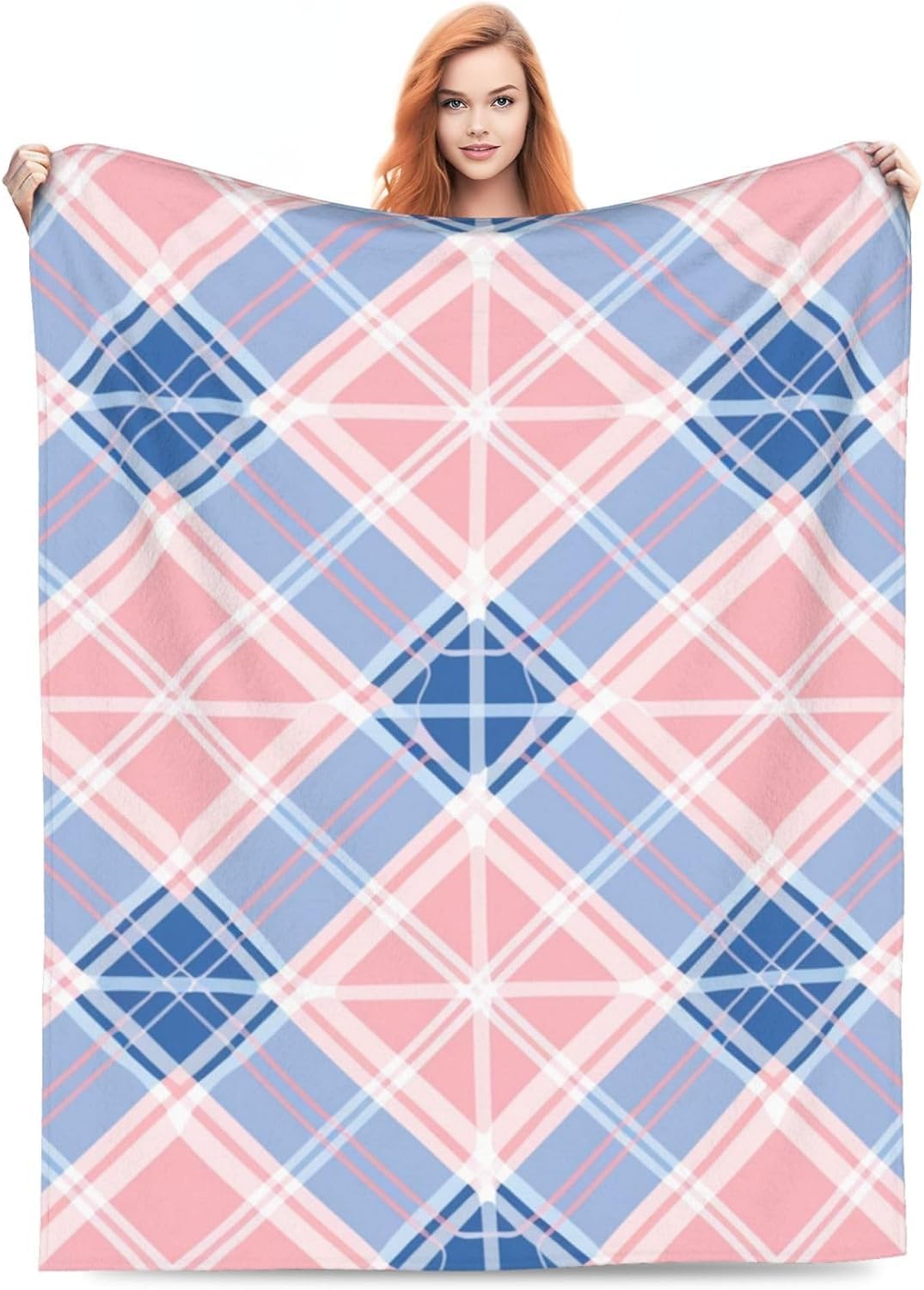 Manta Cuadros Geométricos 200x200 cm Manta Polar de Franela Rosa y Azul para Sofa y Cama, Mantas Ligeras, Caliente y Transpirable, Todas Las Estaciones A-2886