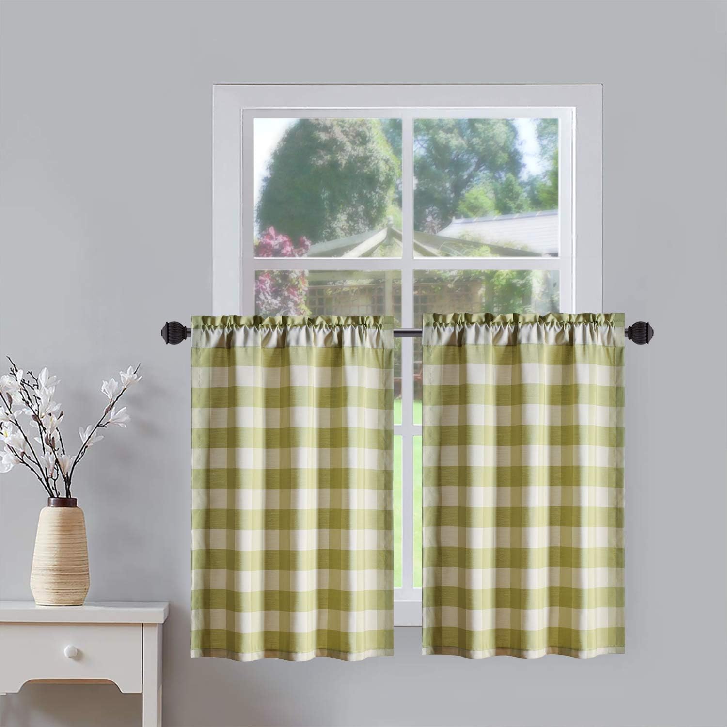 VOGOL Green and White Plaid Printed Tier Curtains, 30 Inch Room Darkening Kitchen Tiers Curtains for Cafe Basement Half Window Treatment Bathroom, 2 Panels, Rod Pocket