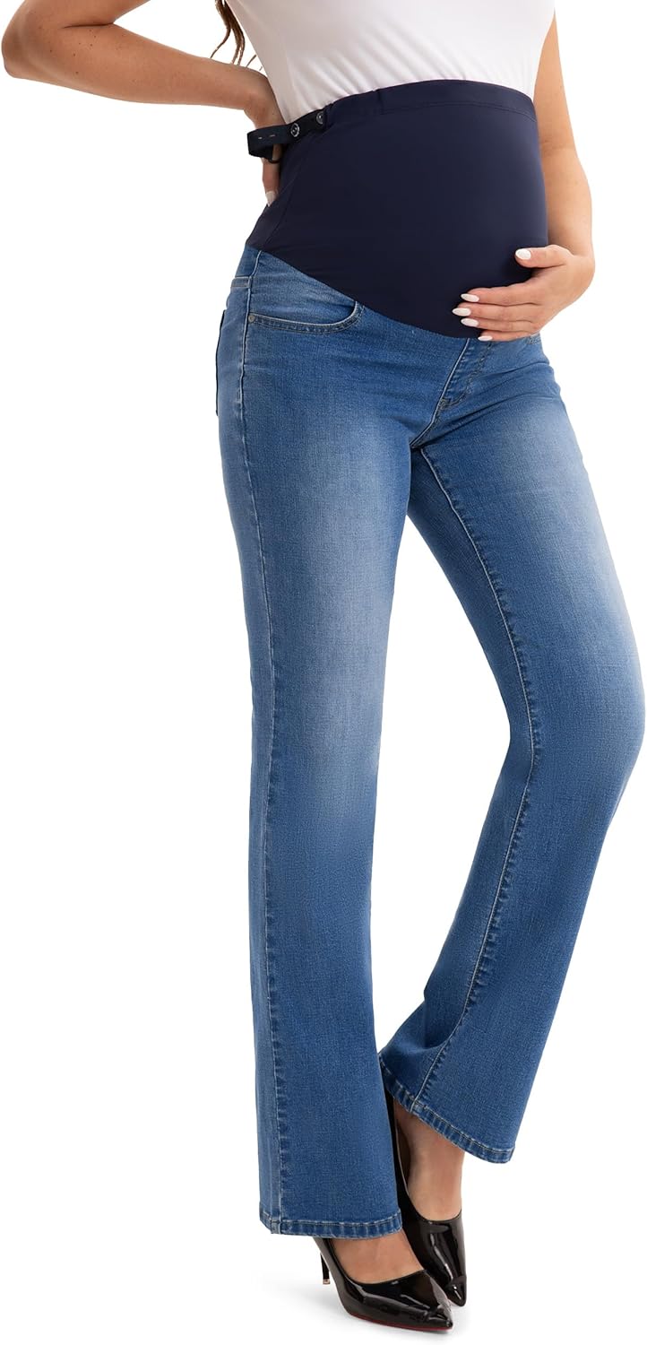 SEVEGO Women's 29"/31"/33" Maternity Bootcut Jeans Over The Belly Pregnancy Flare Stretch Denim Pants with Pockets Comfy