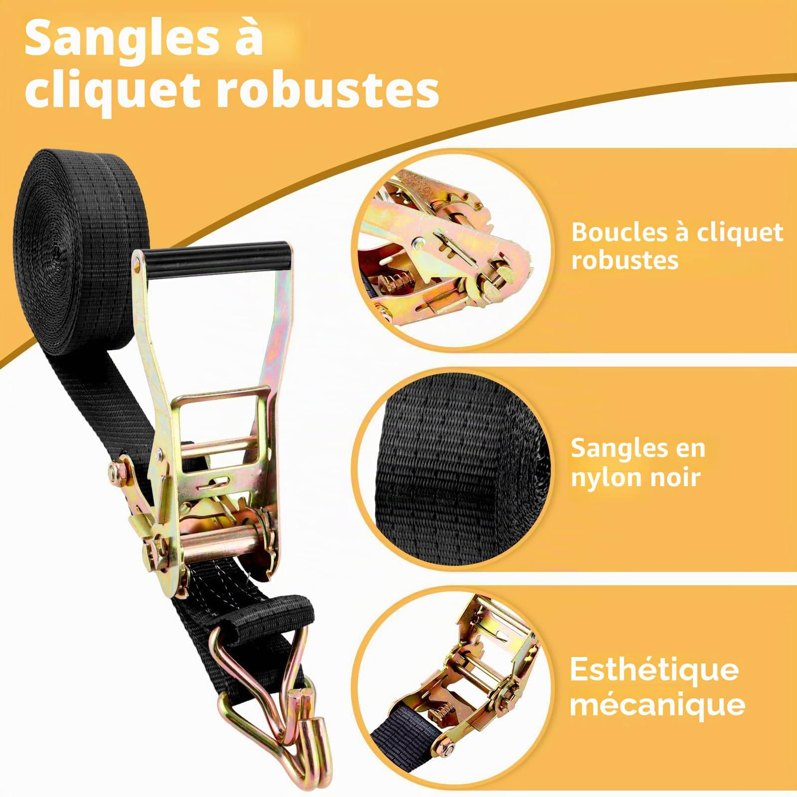AKOLAFE Lot de 2 Sangle a Cliquet 10M×50MM Sangle D'arrimage à Cliquet 3000 kg Sangle à Cliquet avec Crochet en Polyester Sangles à Cliquer Noir pour Moto, Remorque, Voiture, Camion
