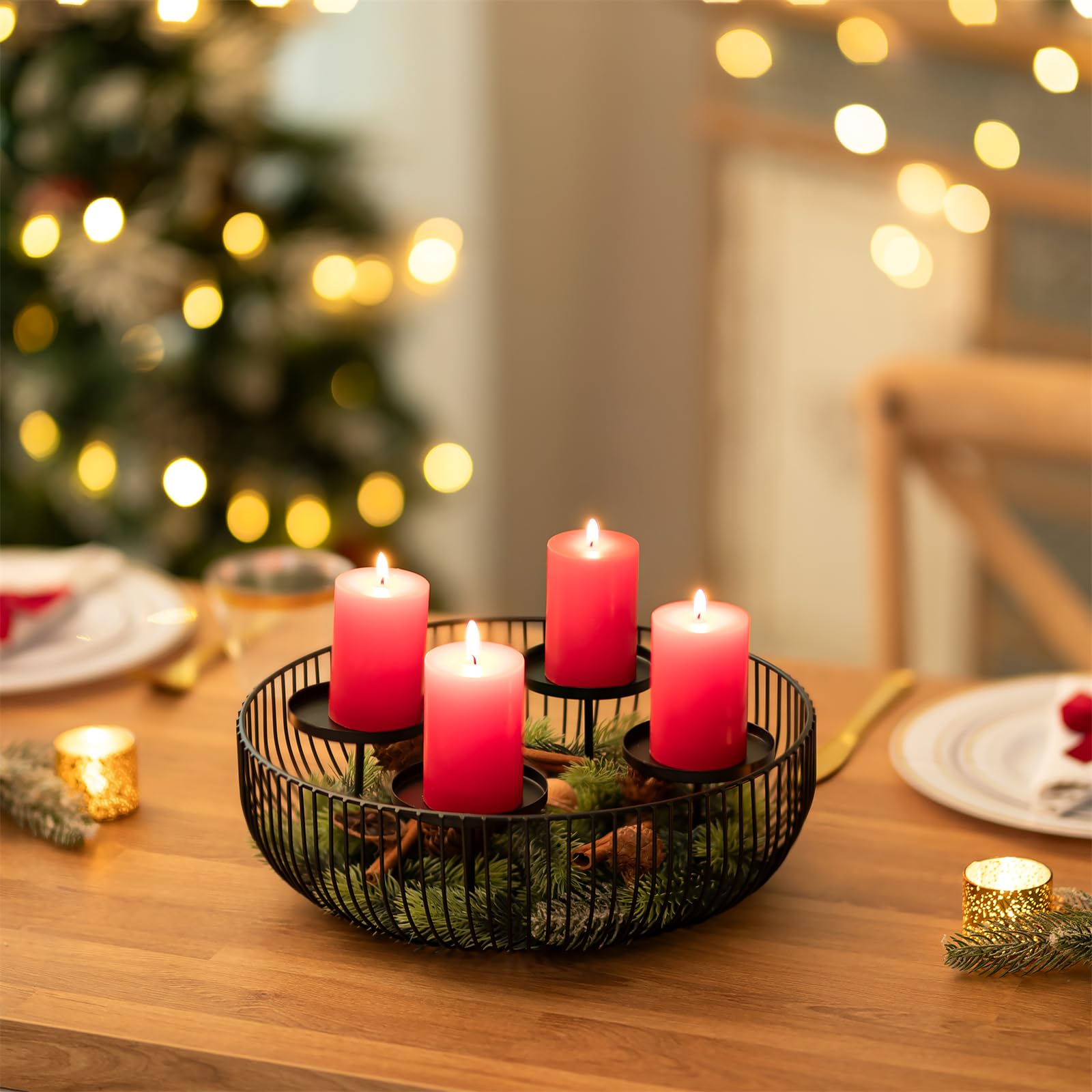 Sziqiqi Bougeoir Couronne Avent Métal, Moderne Arrangement de l'Avent Noir Support de Bougie de Avent pour 4 Bougies Piliers, Candélabres Ronde pour Décoration de Noël Avent