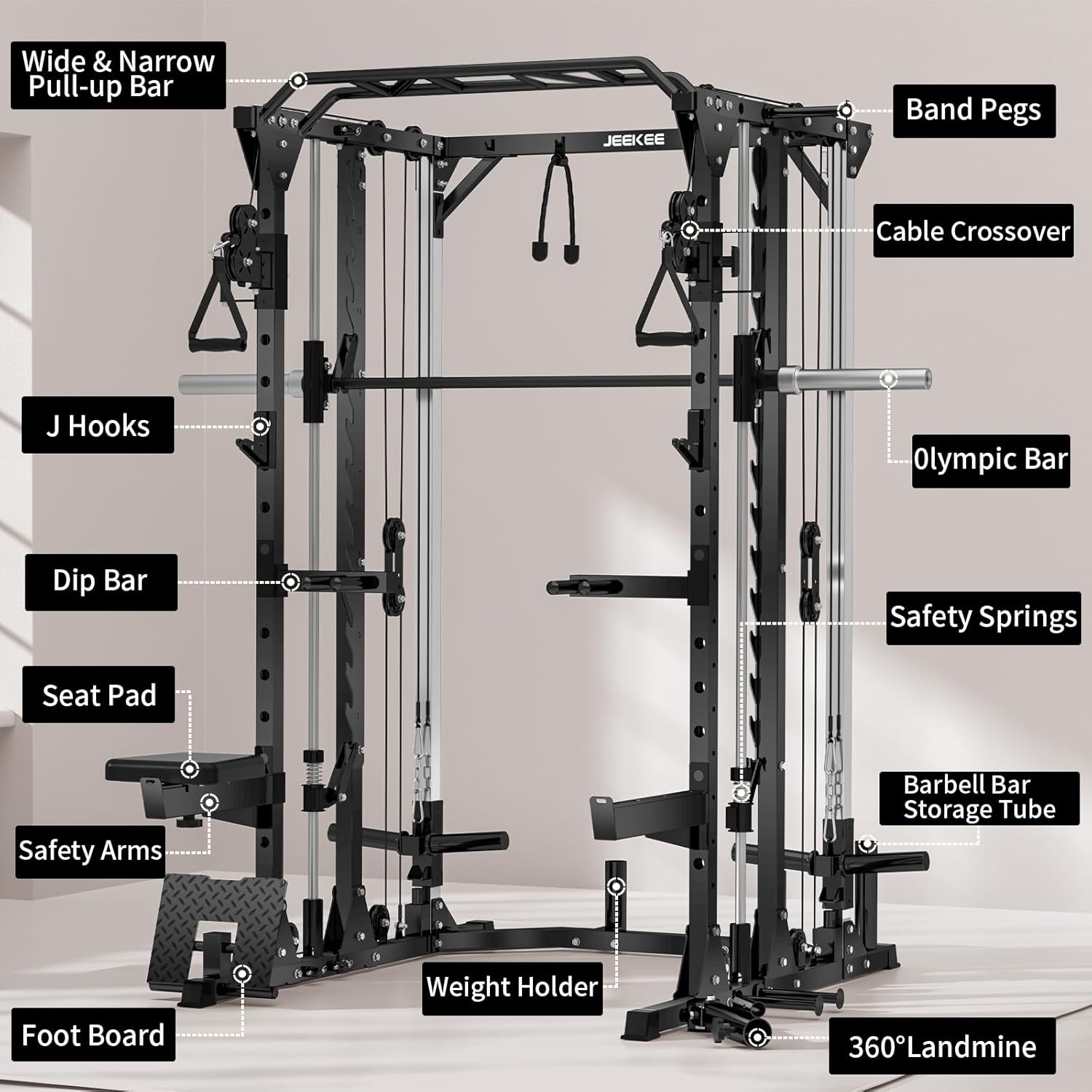 JEEKEE JEEKEE Smith Machine – 2000lbs Capacity with Cable Crossover & 20+ Attachments - Image 6