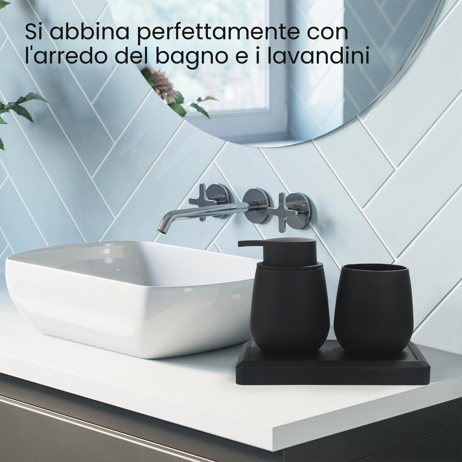 Set Bagno Nero - Dispenser Sapone, Portaspazzolino, Vassoio da Vanity, Moderno Accessori Bagno con Rivestimento in Gomma, Organizzatore da Banco Decorativo (Nero)