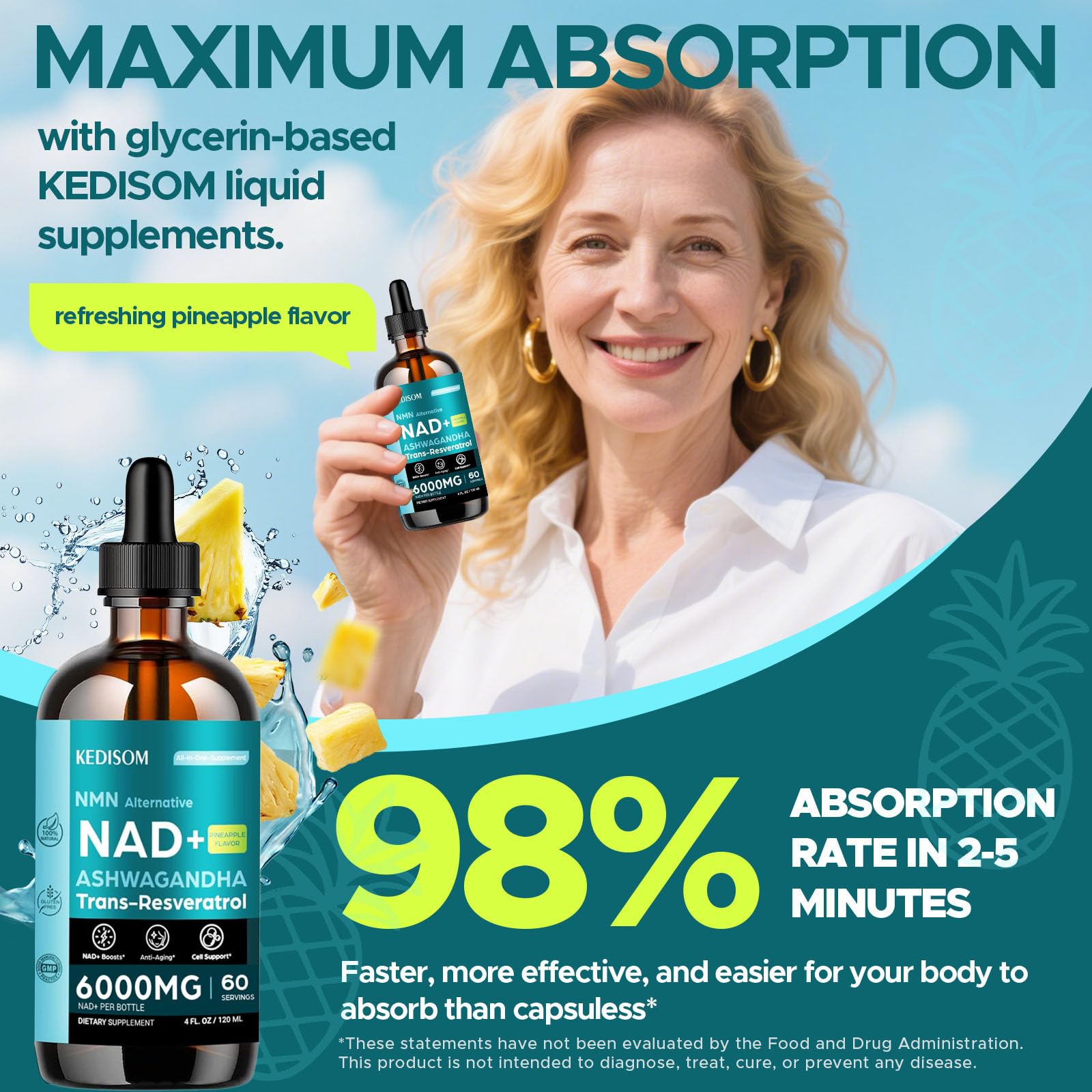 23-in-1 Liposomal NAD Supplement, NAD Liquid Supplement Drops with Resveratrol, Black Pepper Extract, Support Healthy Aging, Energy Metabolism & Overall Vitality, 4 Fl Oz, Pineapple Flavor — Amazon image 7