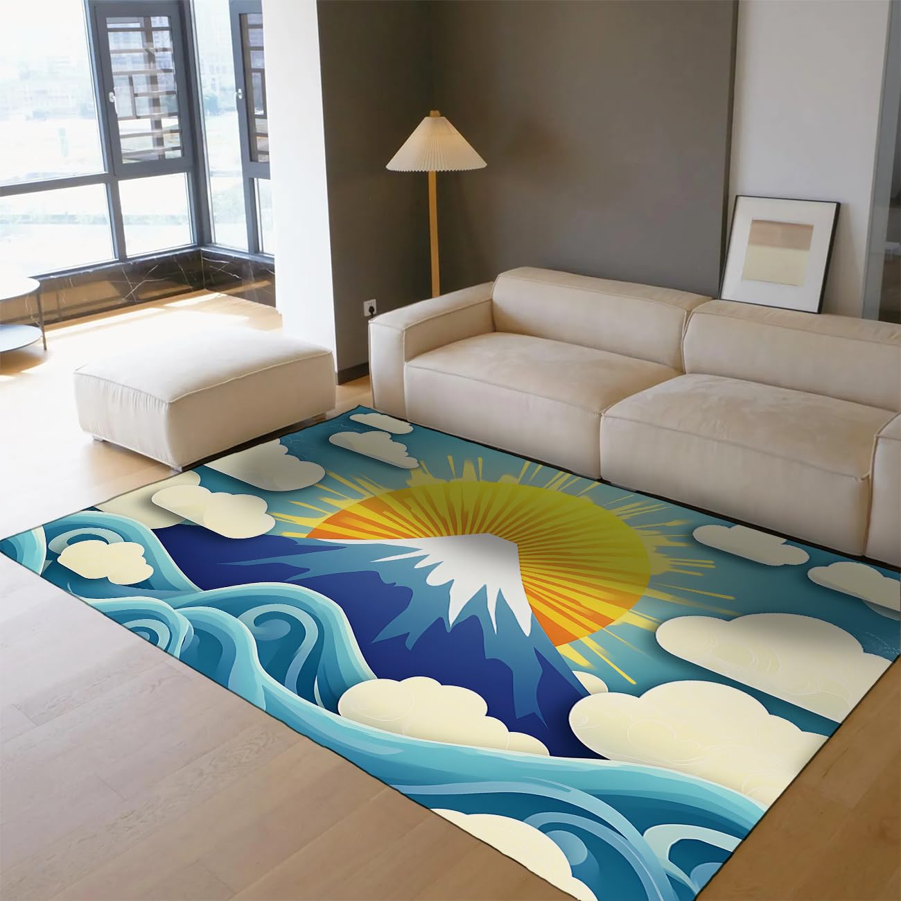 140 x 200 zmywalny miękki nadruk boho dywan fuji antypoślizgowa japońska fala pop art niski włos do salonu sypialni przedszkola kuchni jadalni